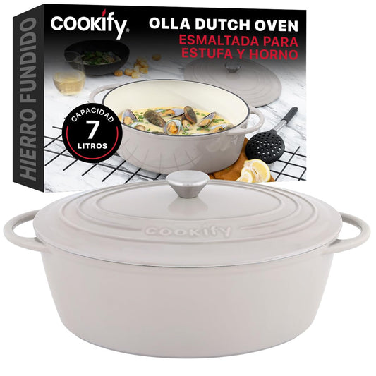 Cookify Olla de Hierro Fundido Esmaltado para Horno y Estufa, Horno Holandés Capacidad 7 Litros Dutch Oven (Taupe, 35 cm)