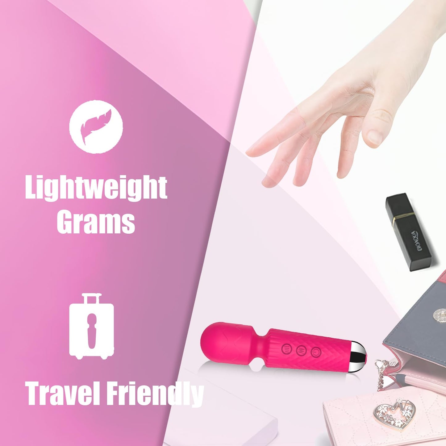 CHARMING Mini masajeador de espalda vibrante personal mejorado de 10 patrones, pequeño masajeador de vibración de mano, hombres y mujeres, perfecto para aliviar la tensión corporal, músculo, dolor, recuperación, rojo rosa, 4.9 x 1.3 pulgadas