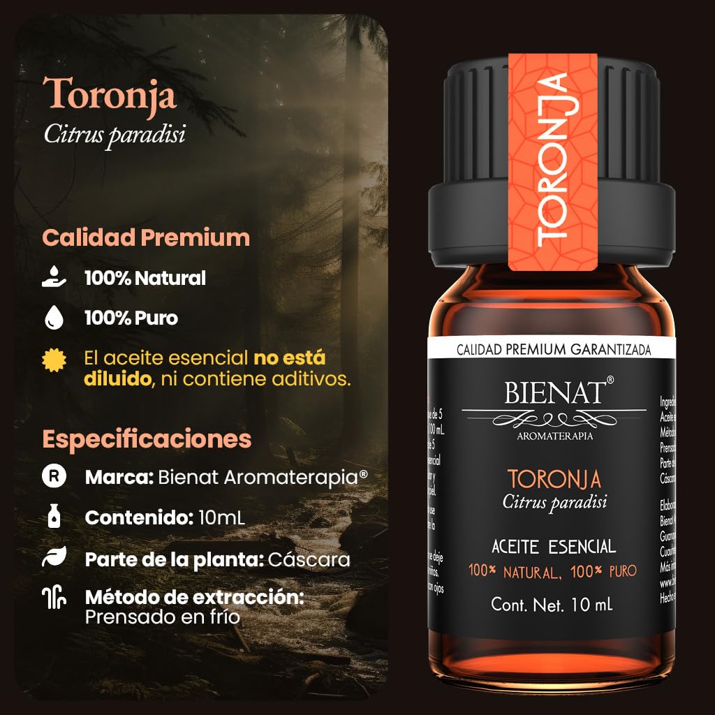 BIENAT AROMATERAPIA Aceite Esencial de Toronja 10mL | 100% Puro y Concentrado | Ideal para Difusor de Aromas, Humidificador, Aromaterapia, Masajes, Meditación, Jabones y Velas | Esencia Natural en Gotas