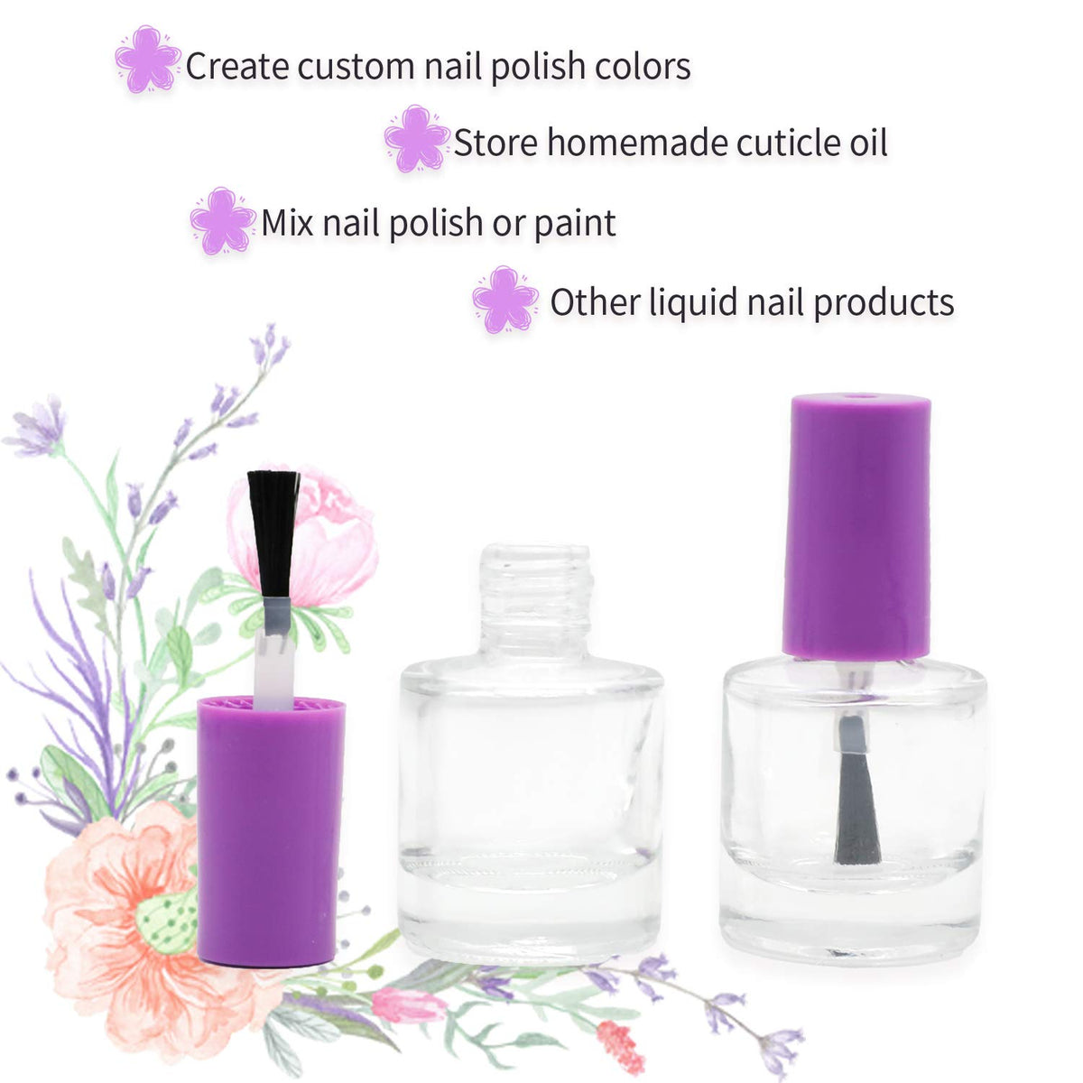 GTHER 20 Botellas Vacías de Esmalte de Uñas de 8 ml, Botellas Recargables de Vidrio Transparente con Tapa de Cepillo, Embudo y Bolas de Mezcla para Arte de Uñas, Morado