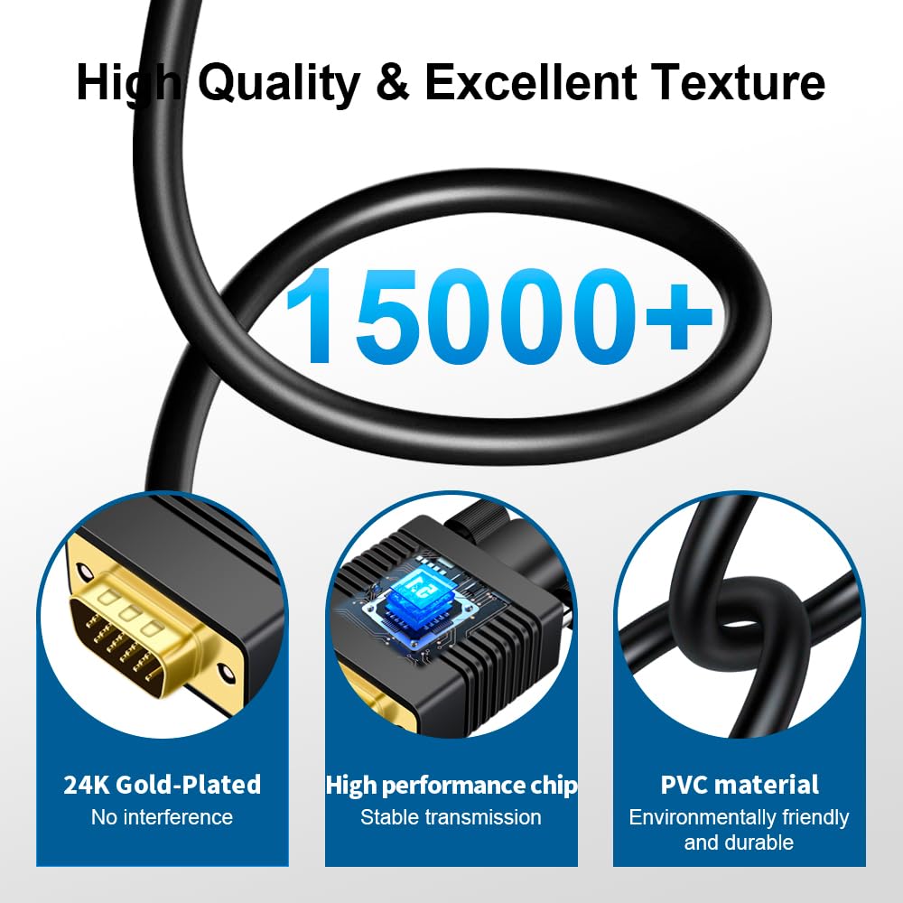 Cable Convertidor VGA a HDMI Kirzi Negro con Audio 7,6 m Compatible con Computadora y Proyector