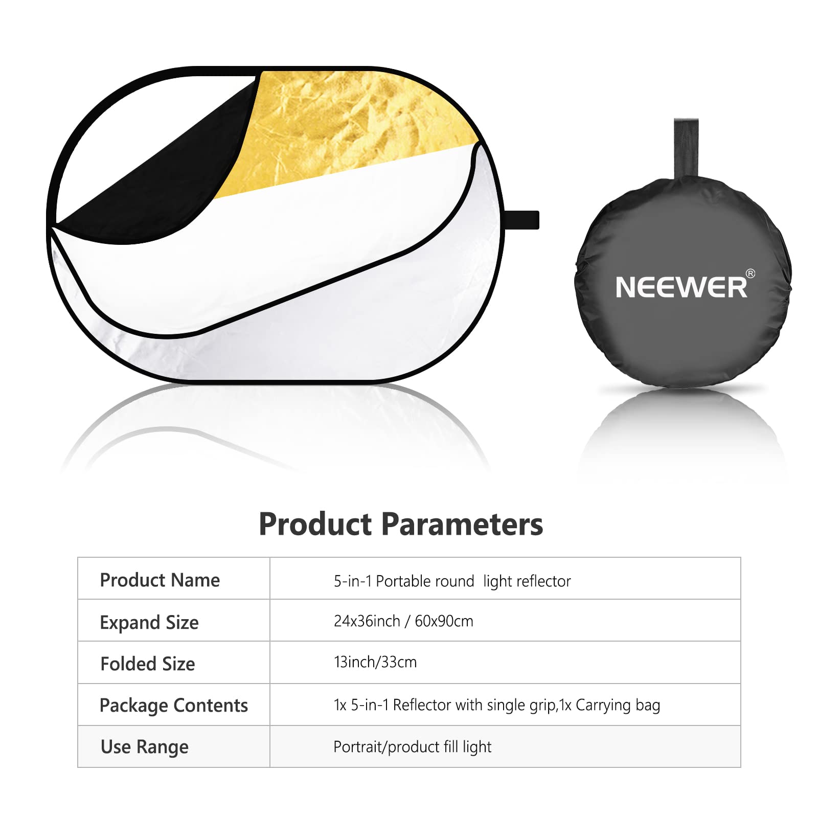 Neewer kit 5 en 1 de Reflector Difusor Portable 24x36-pulgada/60x90centímetro Redondo PlegableMultiDisc Cámara con Funda, Ideal para Fotografía Estudio Shooting"