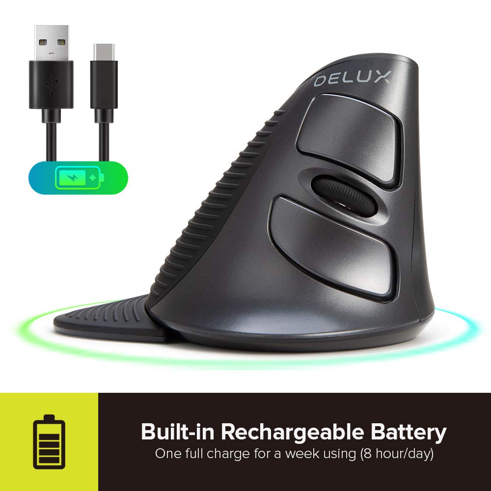 DELUX Mouse ergonómico inalámbrico recargable, Mouse vertical con Bluetooth, mouse optico con 1600 DPI para reducir el dolor de mano y muñeca, 2.4GHz con receptor USB y Bluetooth, 6 botones y reposamanos extraíble (M618G DB-Negro)