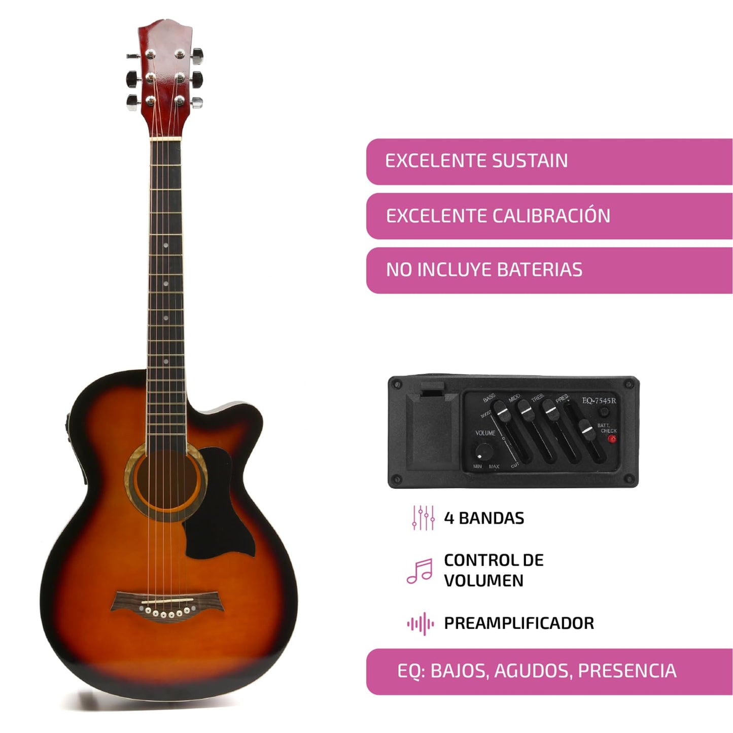 FEMMTO Guitarra Electroacústica con Bolso + Cinta + Púas + Cuerdas extras (Naranja)
