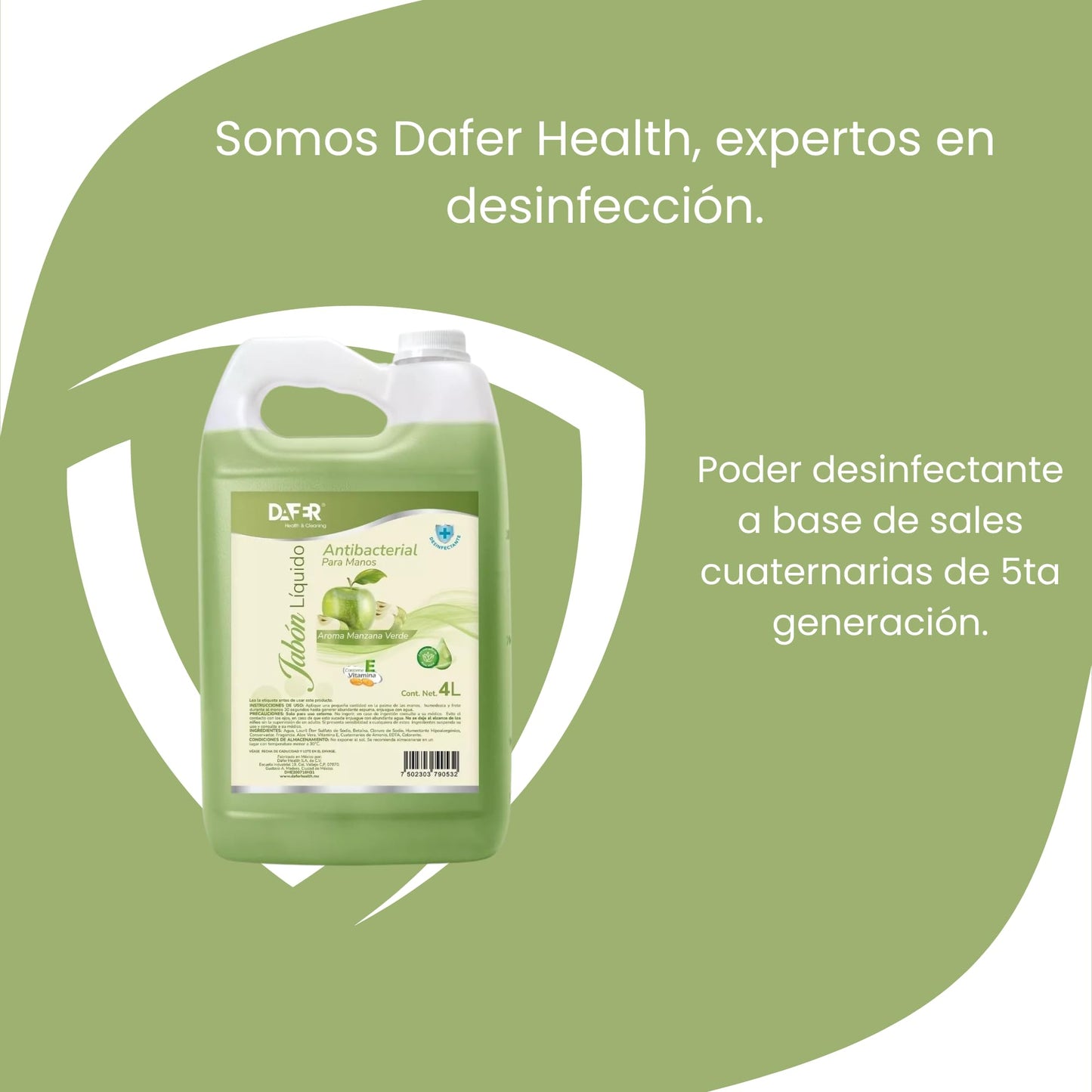 Dafer Health & Cleaning Jabón Líquido antibacterial para manos adicionado con Vitamina E y Aloe Vera por galón o garrafa, buena consistencia, shampoo para manos. (Manzana verde, 4L)