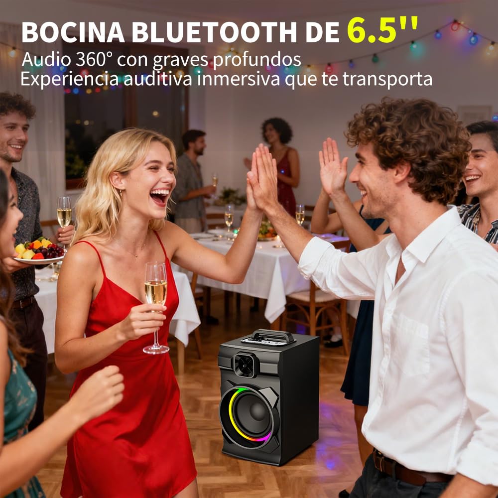 AIRAMP Bocina Portatil Bluethooth de 20W con Subwoofer Activo Karaoke Bocina y Micrófono Inalámbrico,Bocina Bluetooth Grande Caja de Madera, Sonido Estéreo, Batería Recargable, TWS, USB/TF/AUX/FM