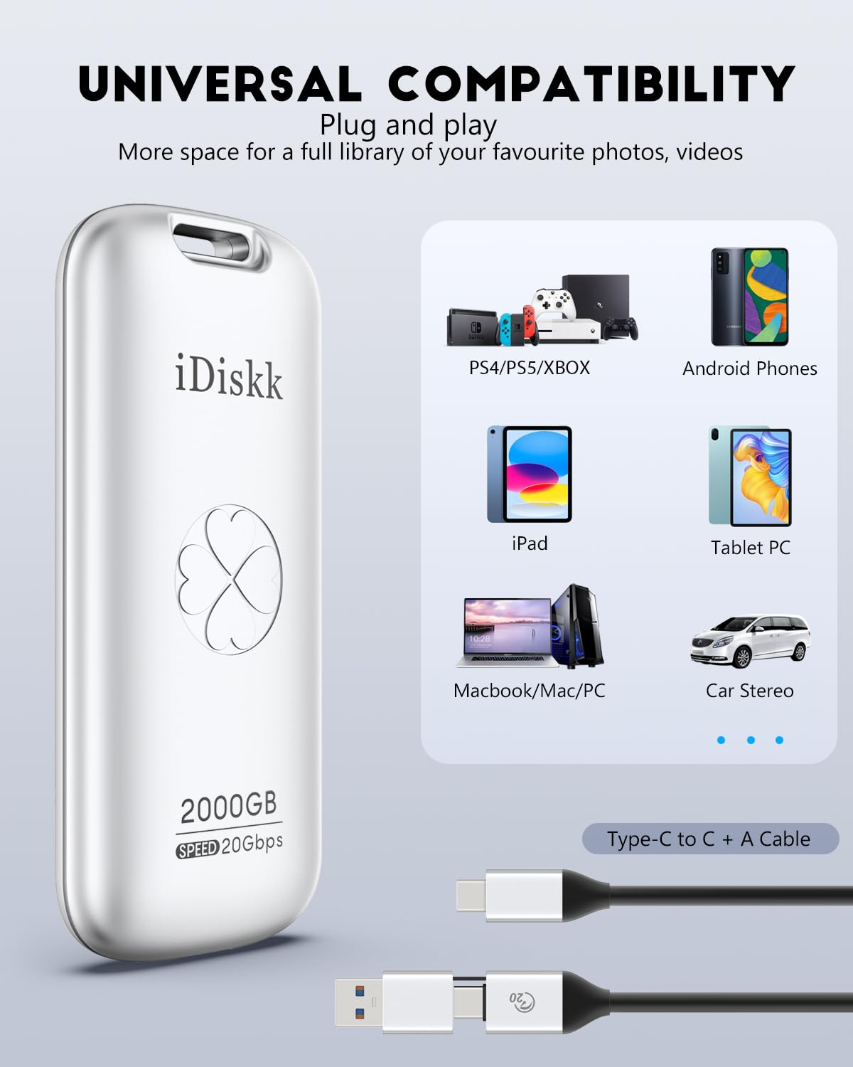 iDiskk SSD externo 1 TB de alta velocidad 2000 MB/s | Tamaño de bolsillo | USB 3.2 Gen2X2 | Compatible con Xbox, PS4, iPad, PC y Mac