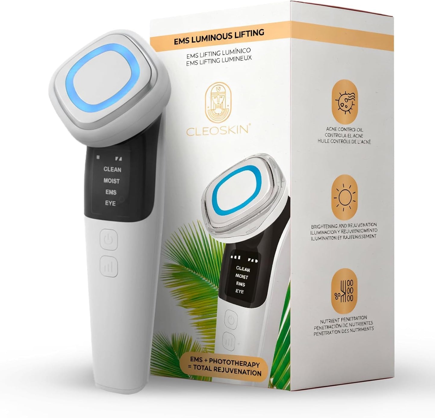CLEOSKIN EMS Luminous Lifting | Masajeador Facial de Fototerapia con Luz Roja y Azul | Reafirma, Limpia y Rejuvenece la Piel, Masaje EMS Microcorriente