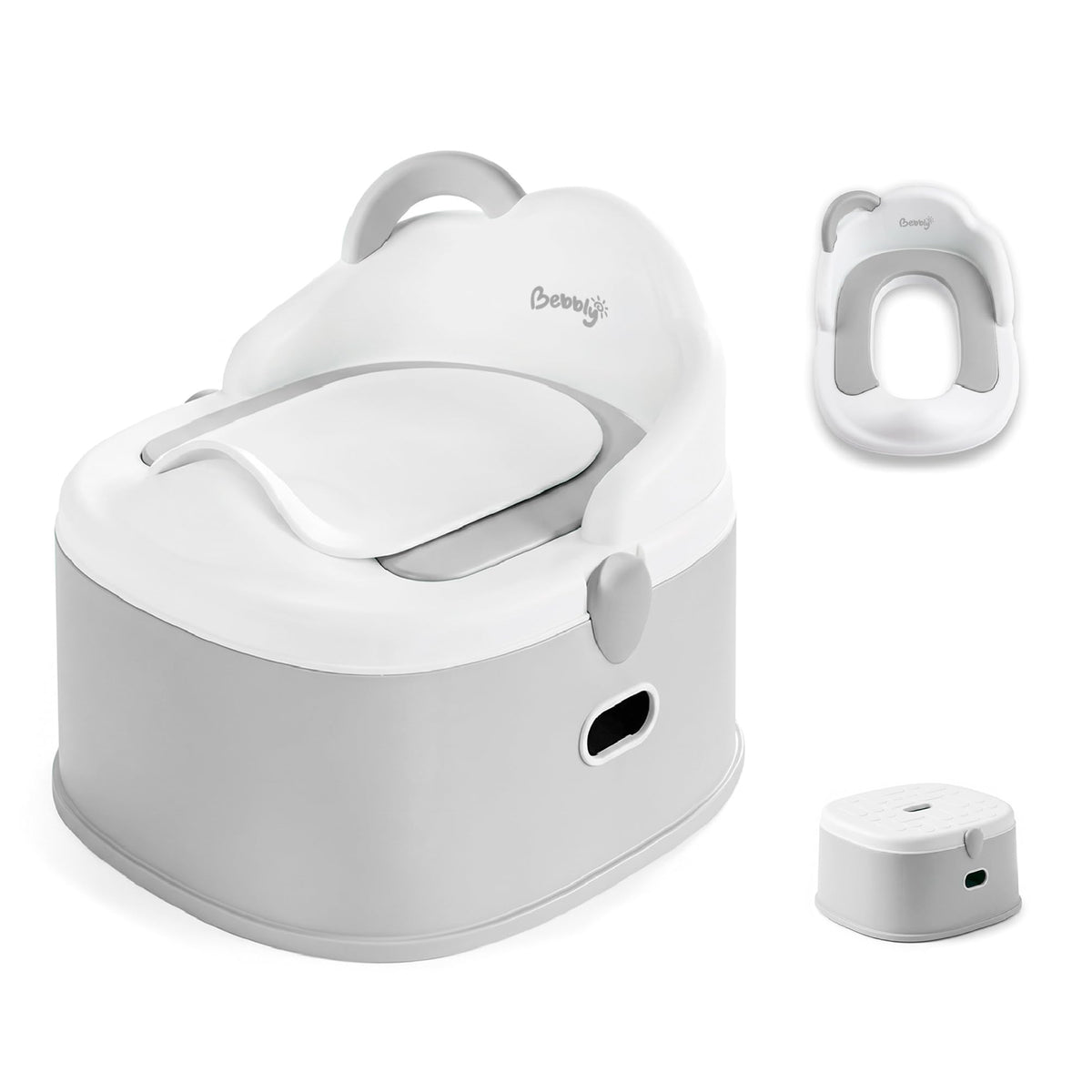BEBBLY Bañito Entrenador Infantil 3 en 1, Bacinica, Asiento Reductor y Banco con Almacenamiento Antiderrapante para Niños de 6 Meses a 3 Años, Fácil de Limpiar, para Aprender a ir al Baño (Gris)