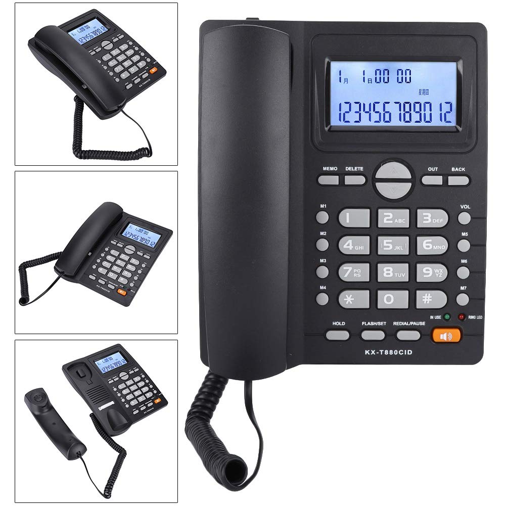Teléfono Fijo, teléfono de Escritorio con identificador de Llamadas, teléfono con de extensión de Doble Puerto, Cable con Cable y Altavoz (Negro)
