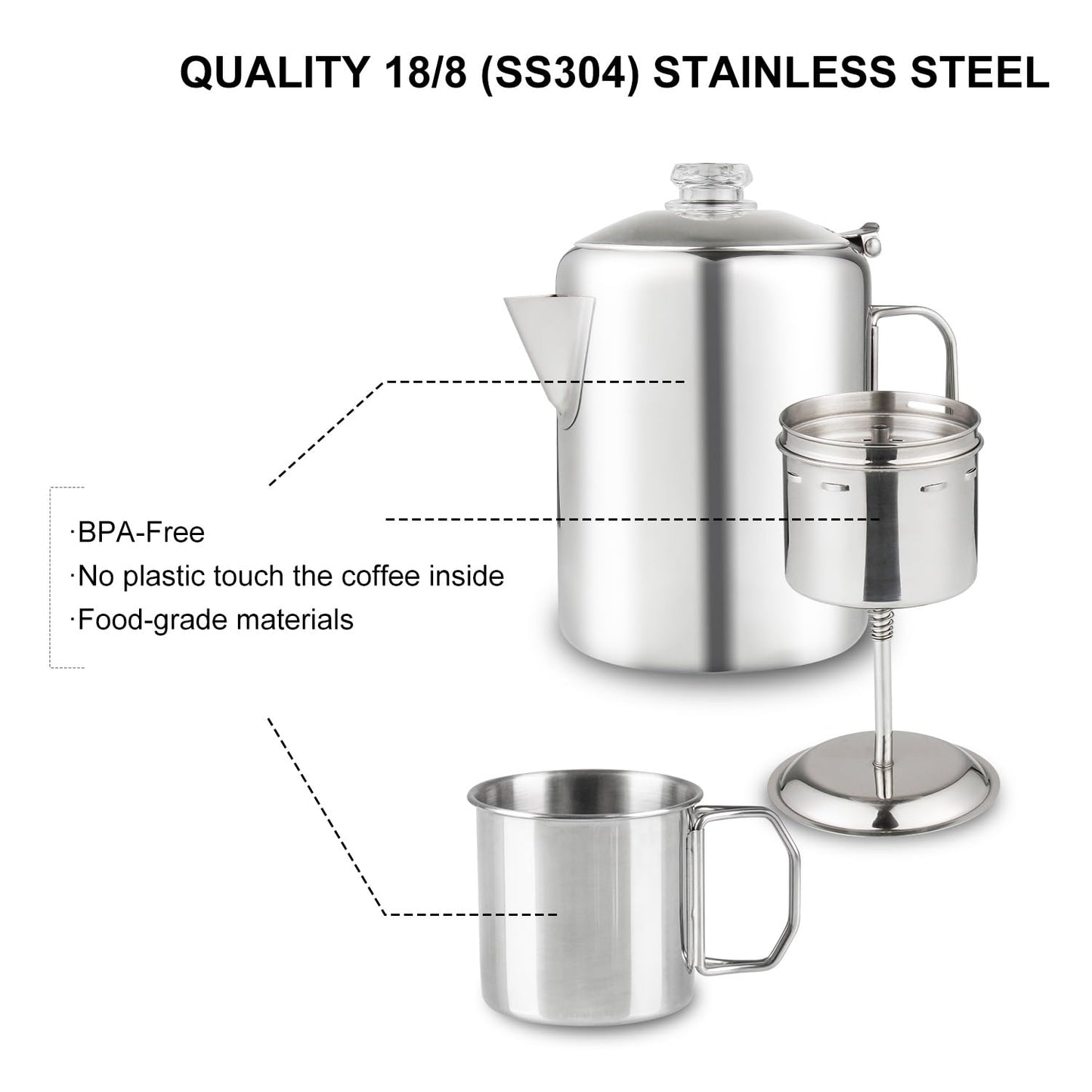 Cafetera APOXCON Acero Inoxidable con Perilla de Vidrio y Mango Plegable