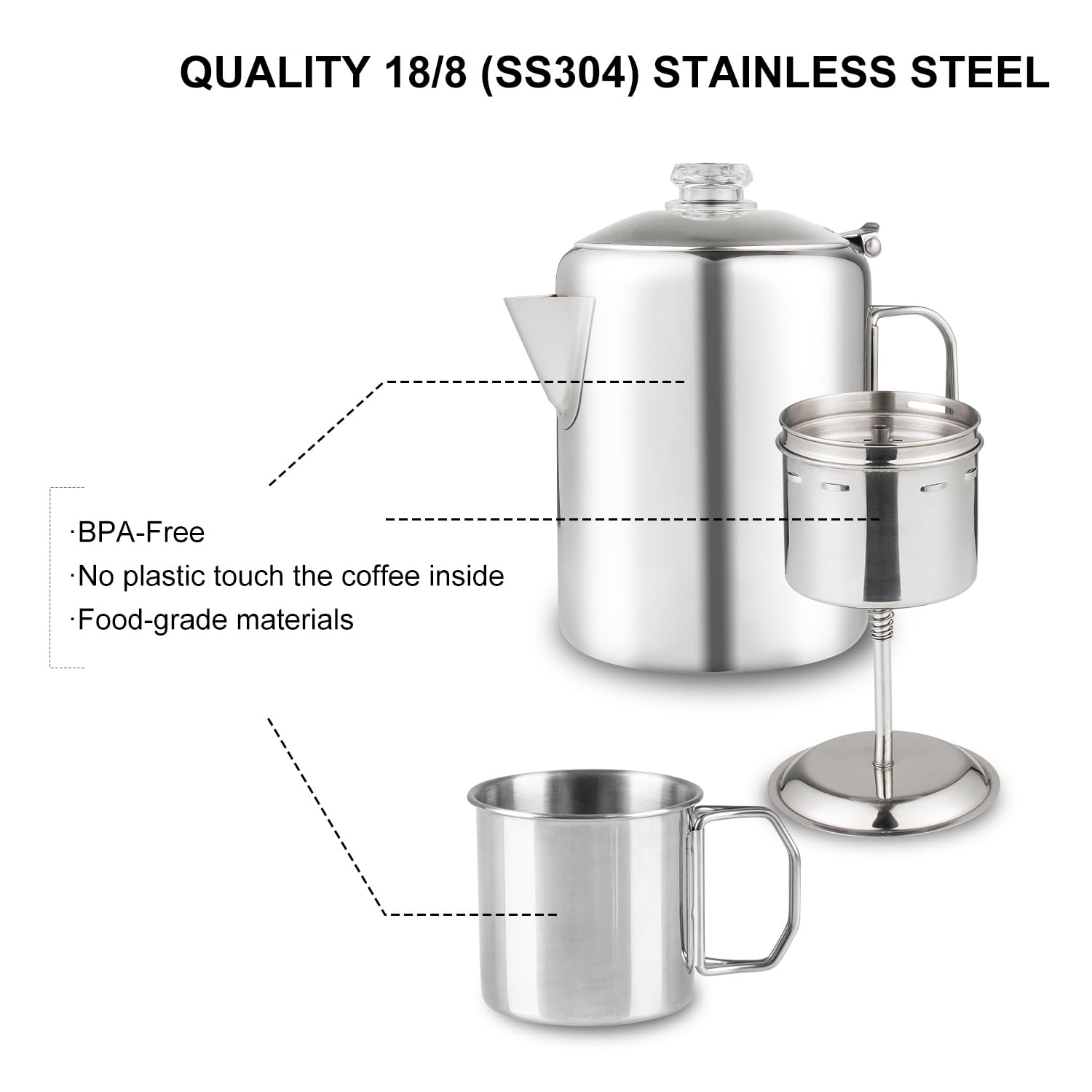 Cafetera APOXCON Acero Inoxidable con Perilla de Vidrio y Mango Plegable