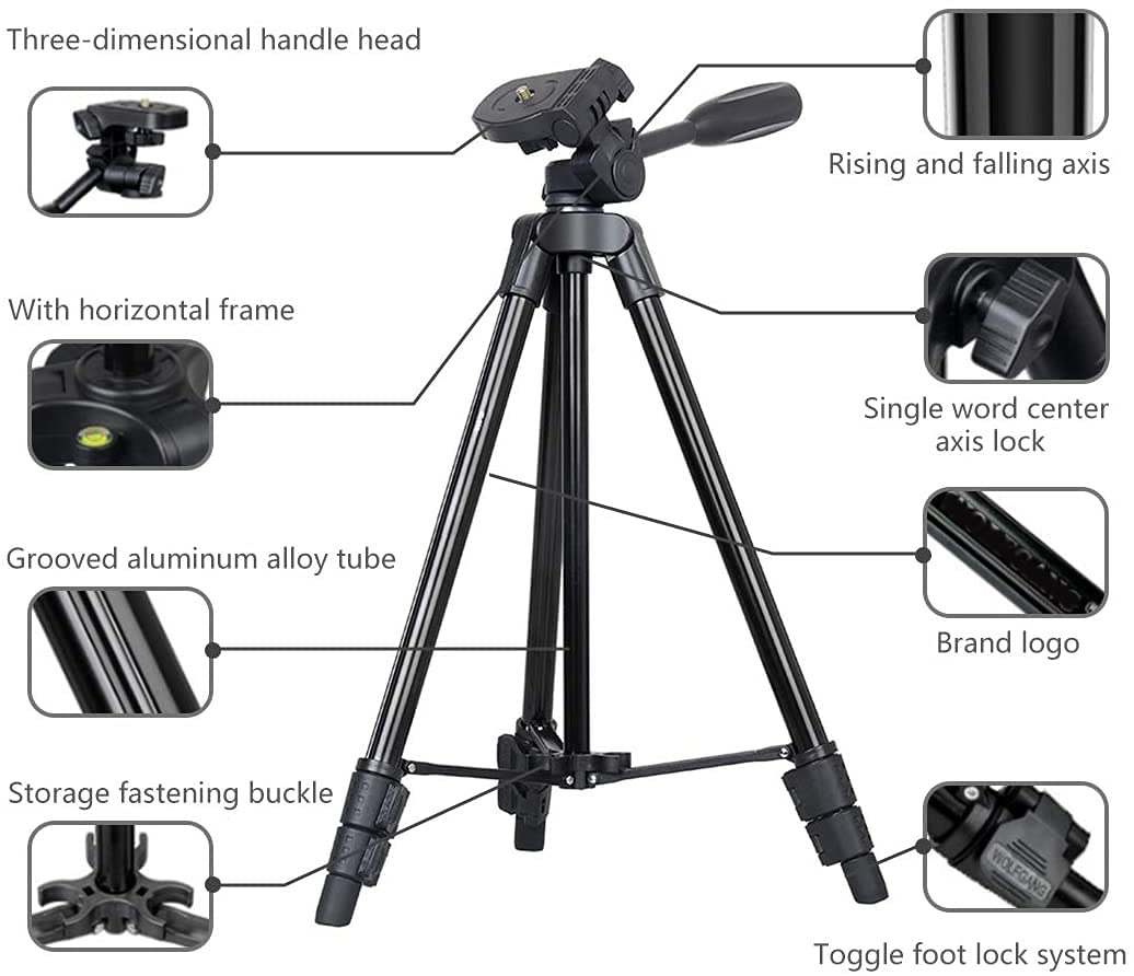 Cámara de Aleación de Aluminio Portátil Trípode RabbitStorm Trípode de Cámara, Trípode Móvil, Rotación de 360 grados, hasta 125cm, con Soporte de Trípode para Teléfono, Adecuado para 1/4 Interfaz de Tornillo Universal SLR/Micro Single/DV/DC/Gopro
