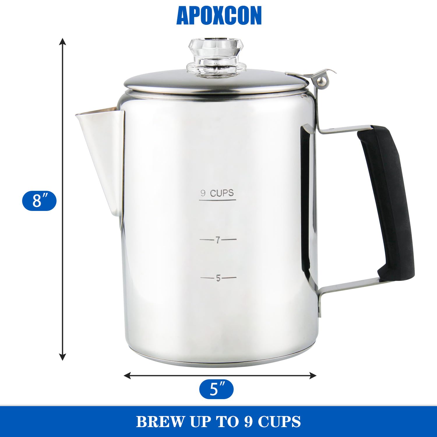 Cafetera APOXCON Plata de Acero Inoxidable con Pomos de Vidrio Borosilicato para Estufa y Camping, 9 Tazas