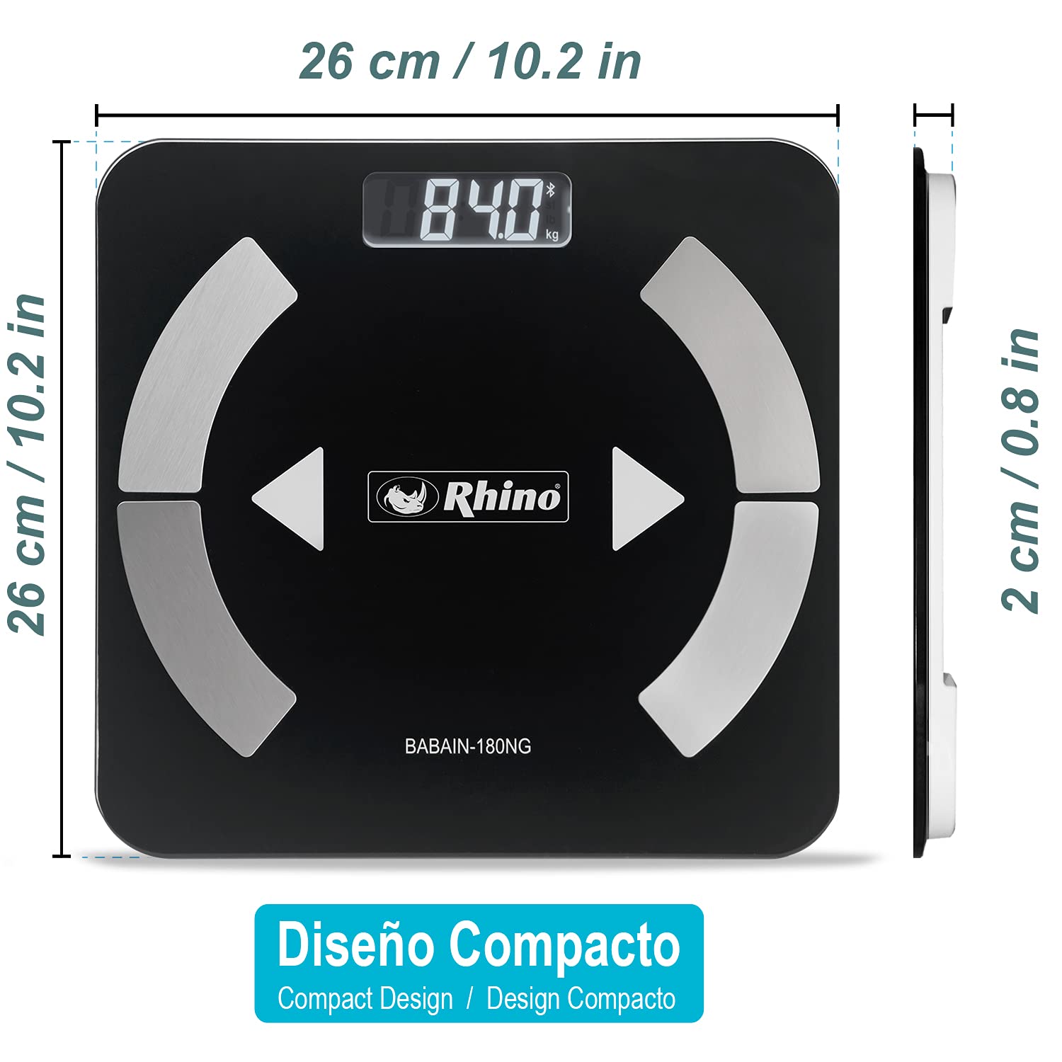 RHINO, Báscula Digital Corporal, Capacidad 180 kg/100g. Precisión, Conectividad Bluethooth, APP FITDAYS Gratis, Compatible iOS y Android, Baterías Incluidas, BABAIN-180NG