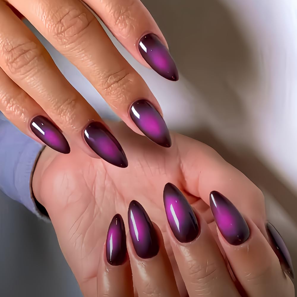 SXVME Uñas postizas en almendra, degradado ruborizado rosa fuerte y negro, stiletto mediano, uñas postizas francesas con degradado, calidad de salón, uñas góticas reutilizables de gel suave para mujer
