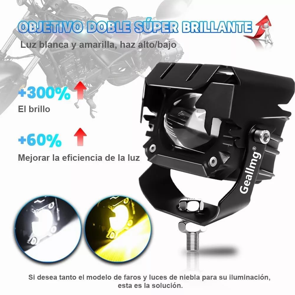 Geallmg Faros De Lupa Moto Con De Color Doble 180w Para Auto, luces auxiliares para motocicleta/camión/coche/ATV/SUV/barco/carretilla elevadora/tractor 6000 lm, color ámbar/amarillo blanco, 2pcs