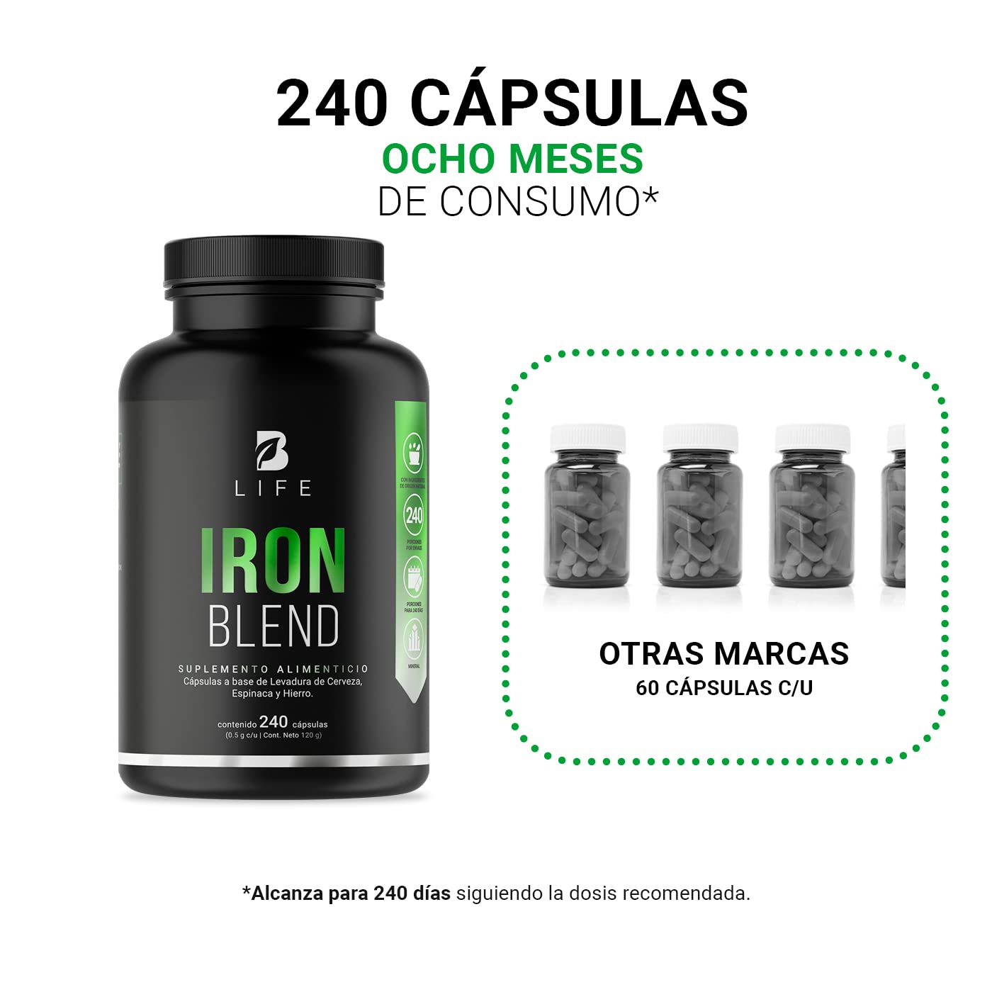 Hierro de 240 Cápsulas con Levadura de Cerveza y Espinaca. Ingredientes naturales. Iron Blend B Life.