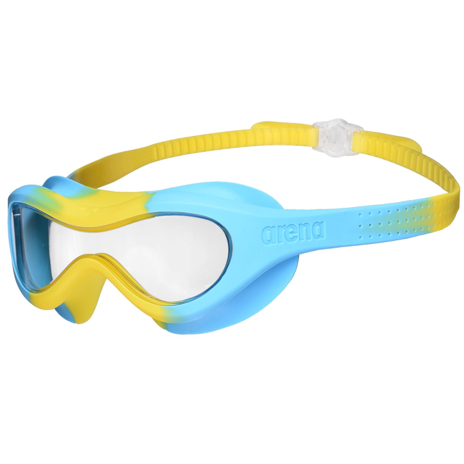 ARENA - Máscara de natación unisex para niños y niñas de 2 a 5 años, lente antivaho, sin espejo, correa fácil de usar, vista amplia y ajuste cómodo, transparente/amarillo/azul claro