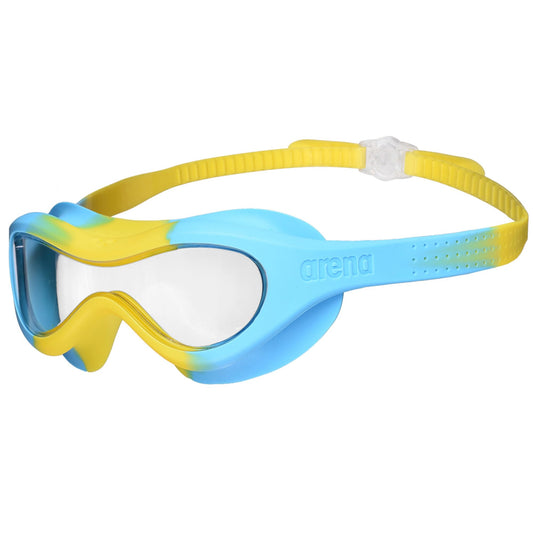 ARENA - Máscara de natación unisex para niños y niñas de 2 a 5 años, lente antivaho, sin espejo, correa fácil de usar, vista amplia y ajuste cómodo, transparente/amarillo/azul claro