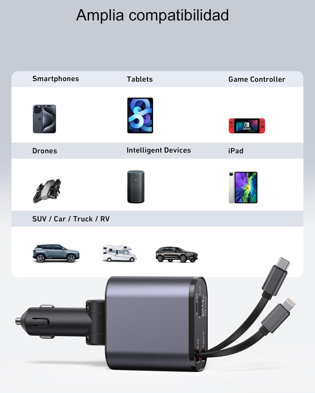 HSZSXJK Cargador para Auto, Cargador USB C 4 en 1 de 120 W, Cables retráctiles (80cm) y Adaptador de Cargador de Coche, Compatible con iPhone 15/14/13/12/11 Pro MAX, Galaxy