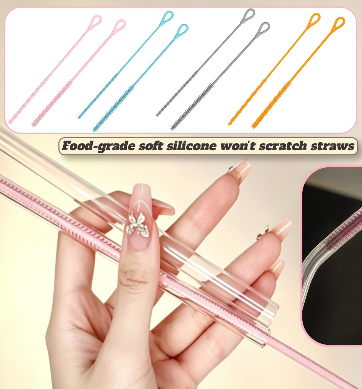 Bebolizerch - Juego de 2 cepillos de limpieza de pajitas de silicona, reutilizables y flexibles para limpiar popotes de metal finos, herramienta de limpieza de pajitas de 6 mm y 9 mm con bucle para