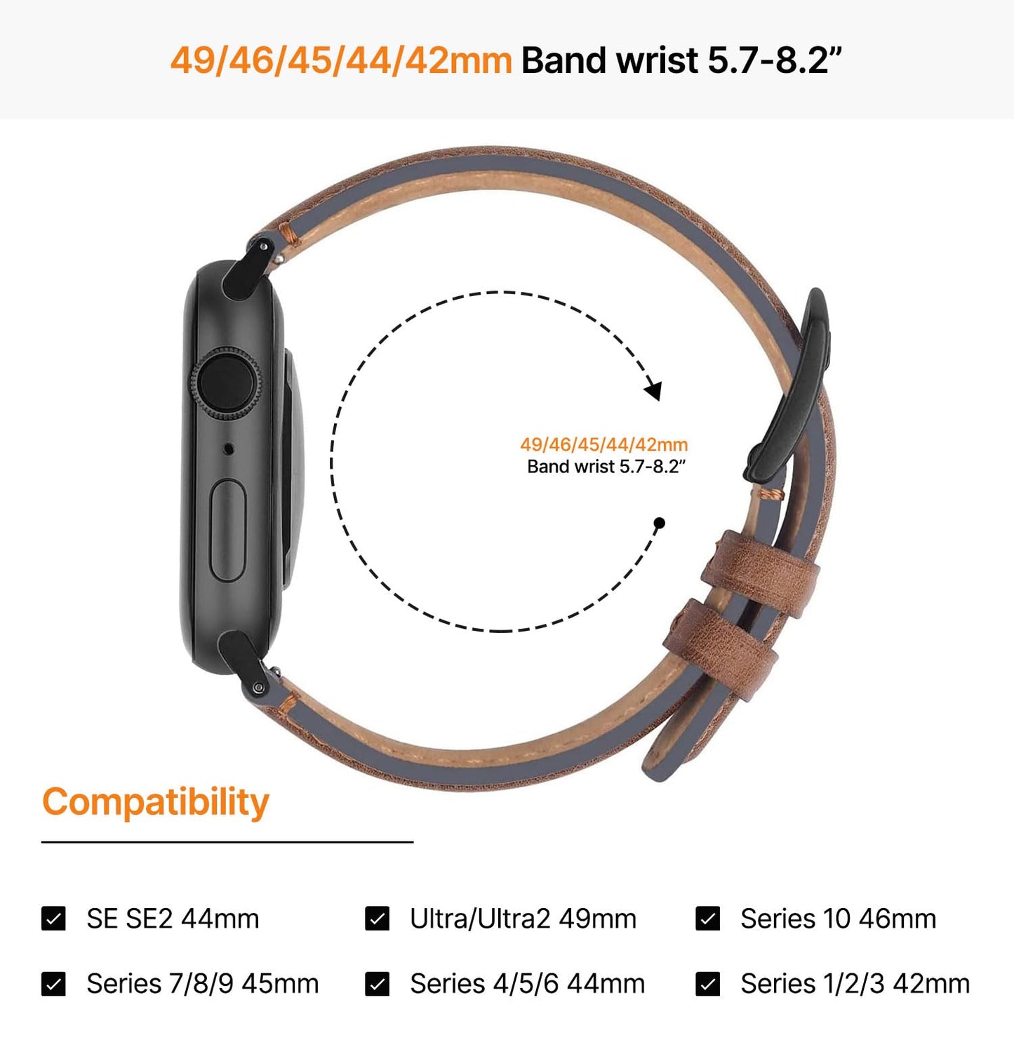 Fullmosa Correa Apple Watch Ultra 49mm (Series 7/8 con 45mm Series SE/6/5/4 con 44mm, Series 3/2/1 con 42mm Yola Serie Pulsera de Piel Cuero Bruñida para iWatch, Marrón Oscuro + Hebilla Gris