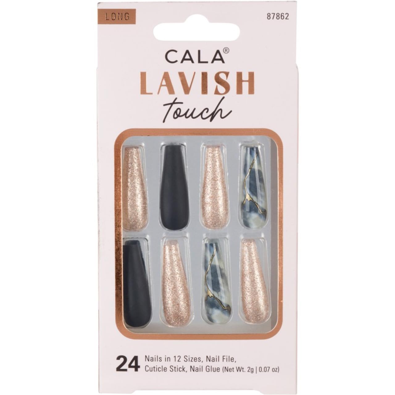 CALA - "Lavish Touch" uñas postizas largas (24 uñas en 12 tamaños, mármol y negro)