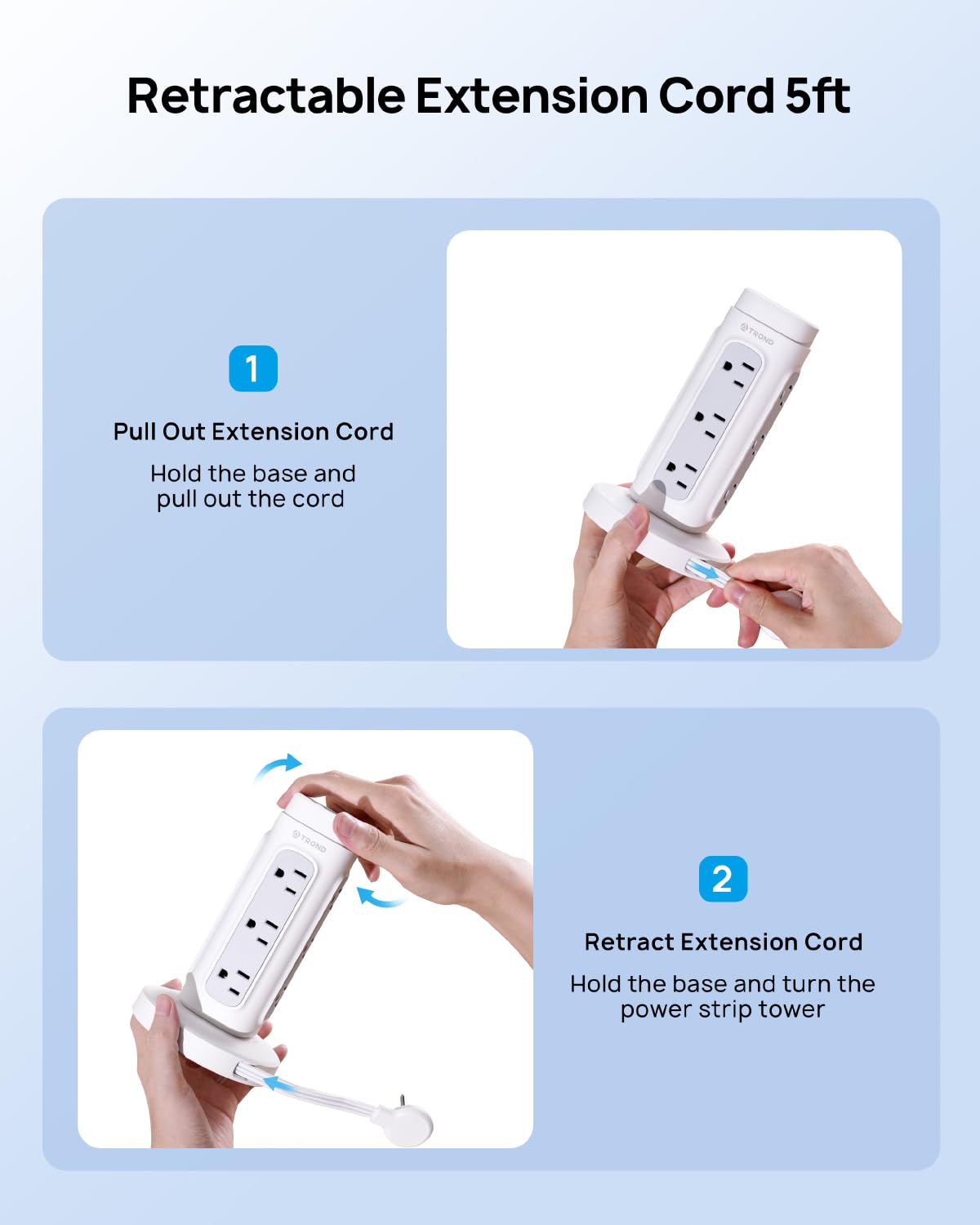 TROND Torre de Regleta Retráctil, Cable de Extensión con Enchufe Plano de 5 pies y Múltiples Tomas, Protector contra Sobretensiones con Puertos USB C PD 20W, 1700J, Suministros para Oficina en Casa