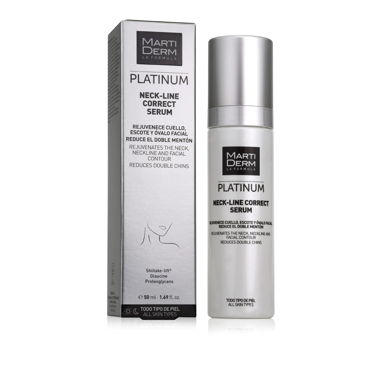MartiDerm Neck Line Correct Sérum. Rejuvenece cuello, escote y ovalo facial. Proteoglicanos + Genisteína + Glaucina + Shiitake-lift. Reduce arrugas y el doble mentón. - 50 ml