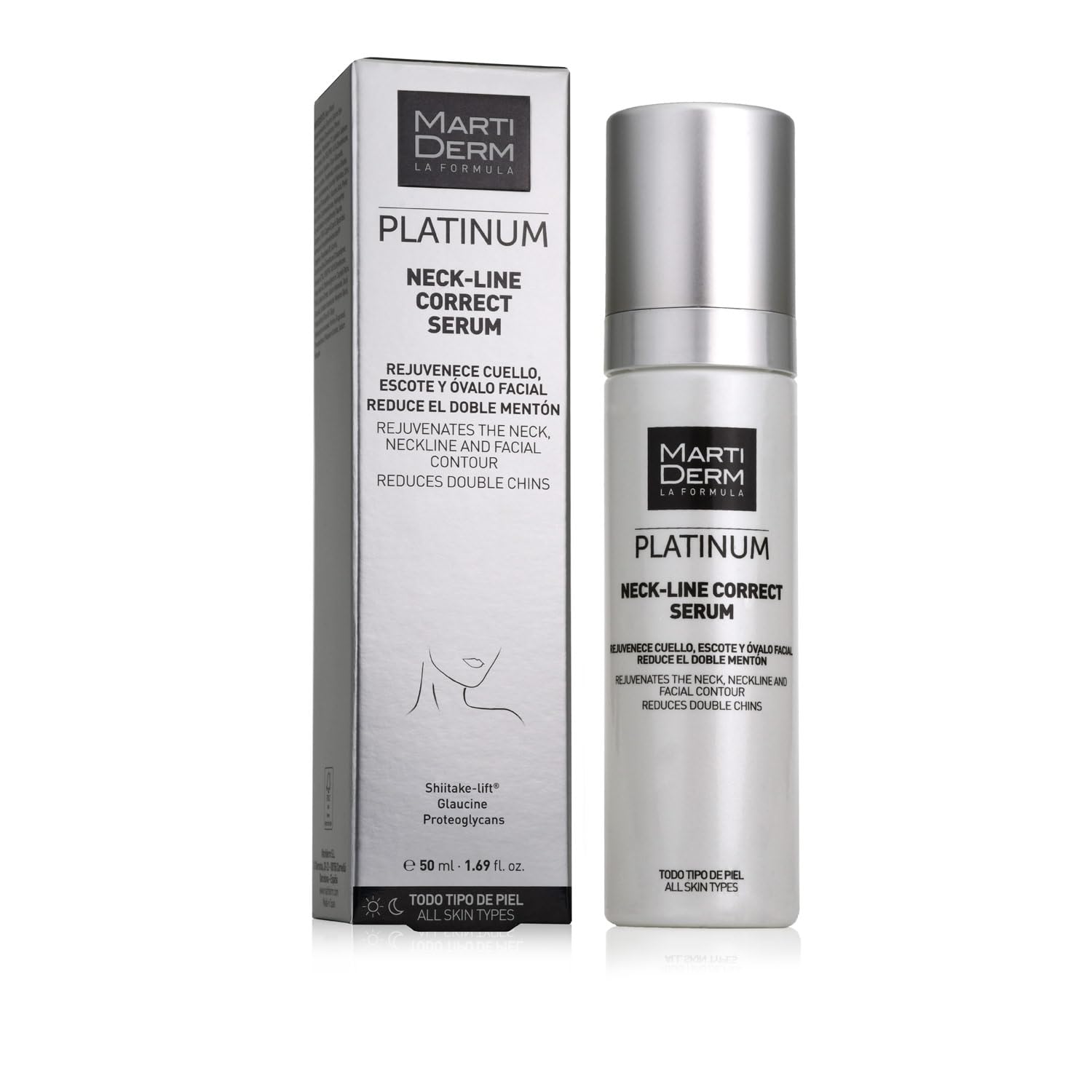 MartiDerm Neck Line Correct Sérum. Rejuvenece cuello, escote y ovalo facial. Proteoglicanos + Genisteína + Glaucina + Shiitake-lift. Reduce arrugas y el doble mentón. - 50 ml