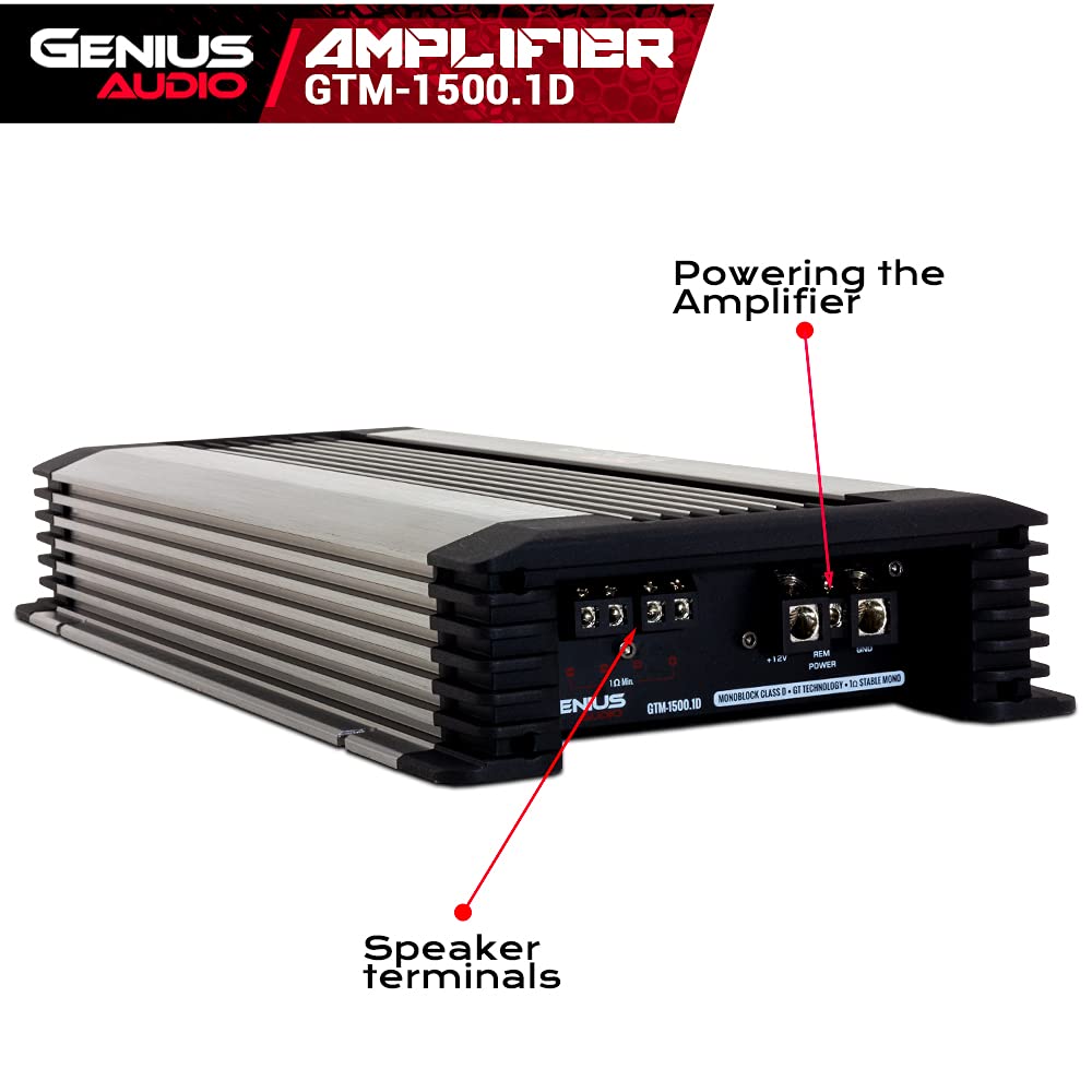 GENIUS - Amplificador compacto Full Range clase D GTM-1500.1D / 3000 watts/estable a 1 ohm con sistema de protección de energía y refuerzo de graves para Bocina y woofer
