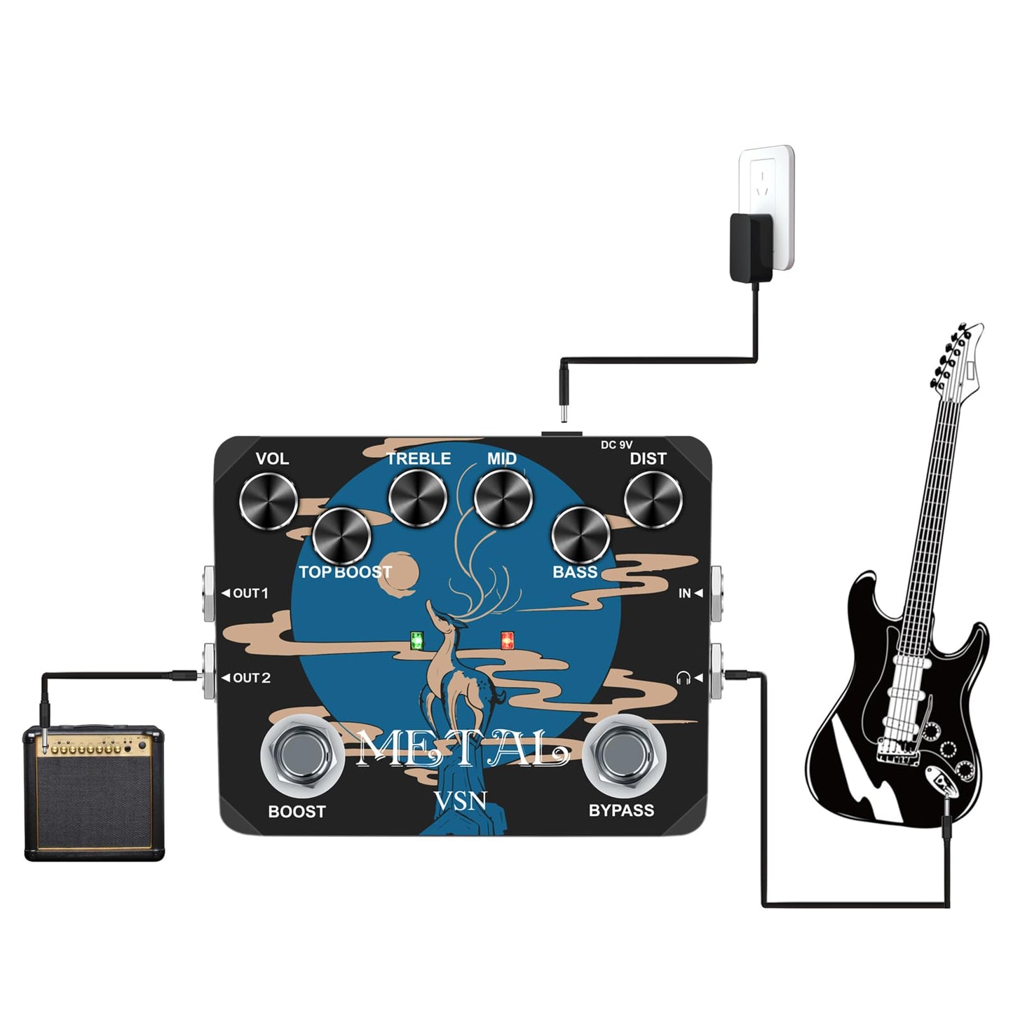 Pedal de Distorsión VSN Heavy Metal Muff Top Boost para Guitarra Metal 80s y 90s Negro