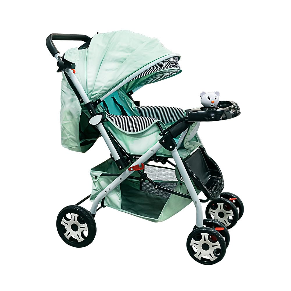 Carriola De Bebé Plegable Rosa (Azul) Carriola De Bebé Plegable Mango Reversible Respaldo Ajustable Ruedas Delanteras Giratorias Arnes De Seguridad De 5 Puntos Bandeja De Comida Y Musica 2 En 1