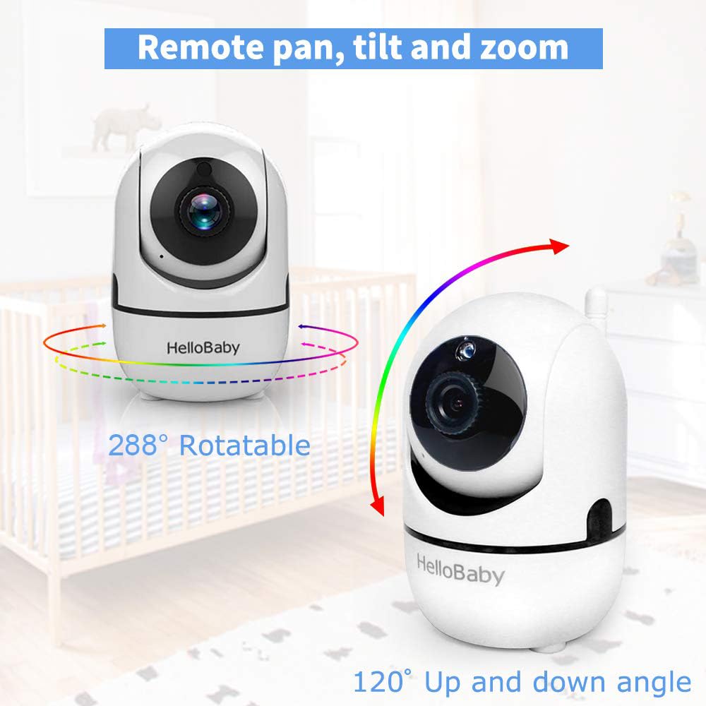 HelloBaby Video Baby Monitor with Remote Camera Pan-Tilt-Zoom, 8.1cm Colour LCD Screen, Infrared Night Vision, Temperature Display, Lullaby, Two Way Audio, with Wall Mount Kit