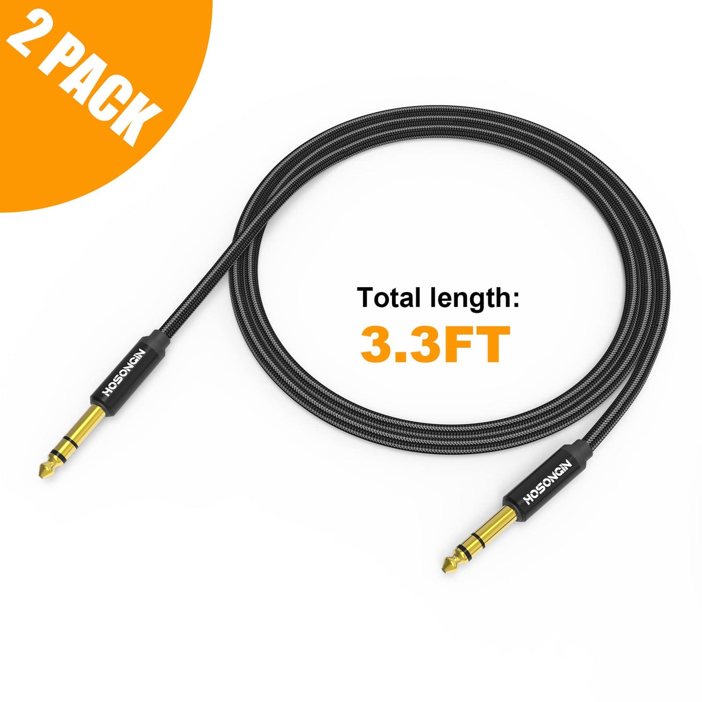 HOSONGIN TRS Cable de instrumento de 1/4 pulgadas, paquete de 2 [nailon trenzado blindado], cable de audio estéreo TRS macho a macho, 1/4 pulgadas, línea de interconexión equilibrada de 6.35 mm, 3.3