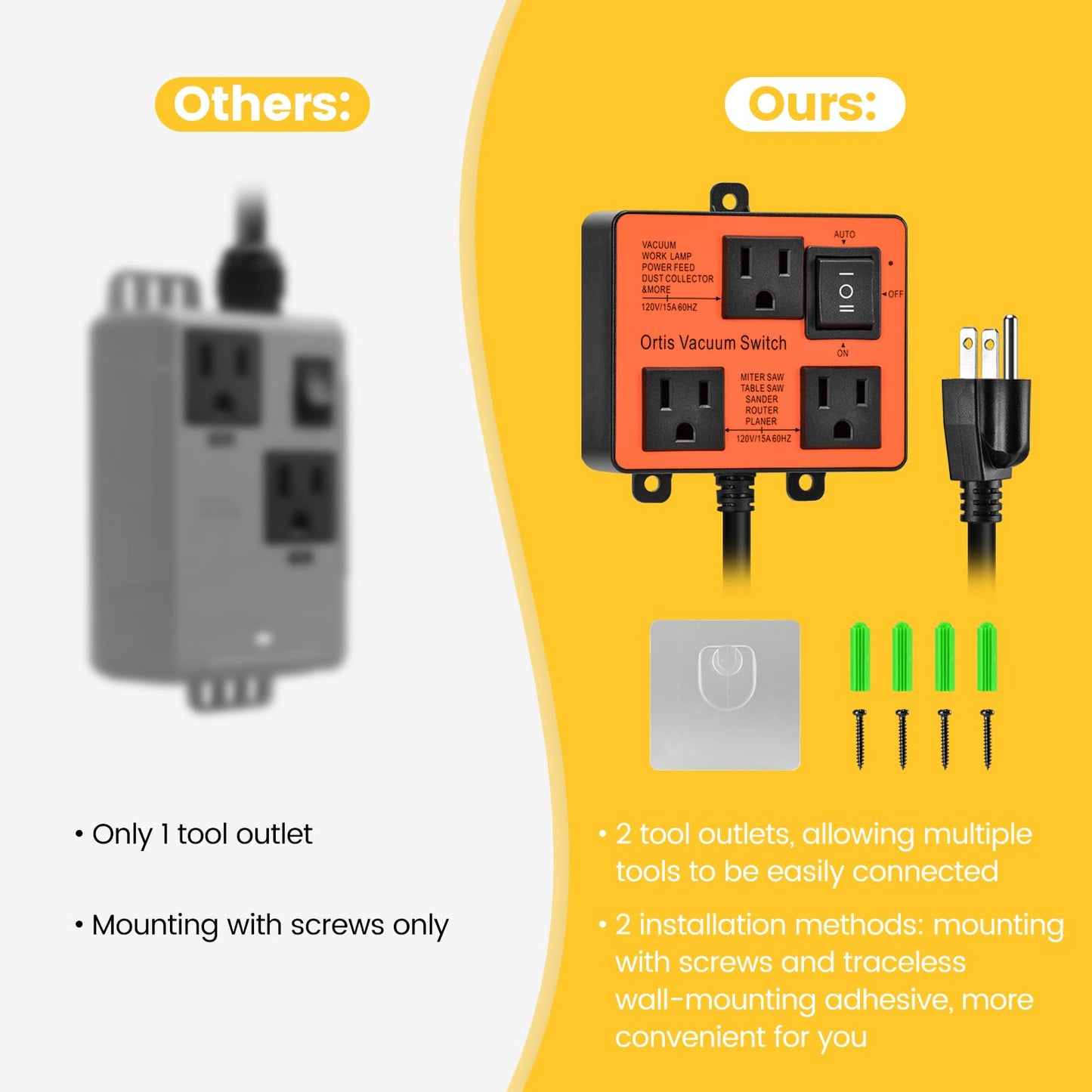 Interruptor de aspiradora automático, interruptor de aspiradora Ortis para más herramientas eléctricas, retarda el encendido y apagado del aspiradora para evitar sobrecarga y disparos del circuito,