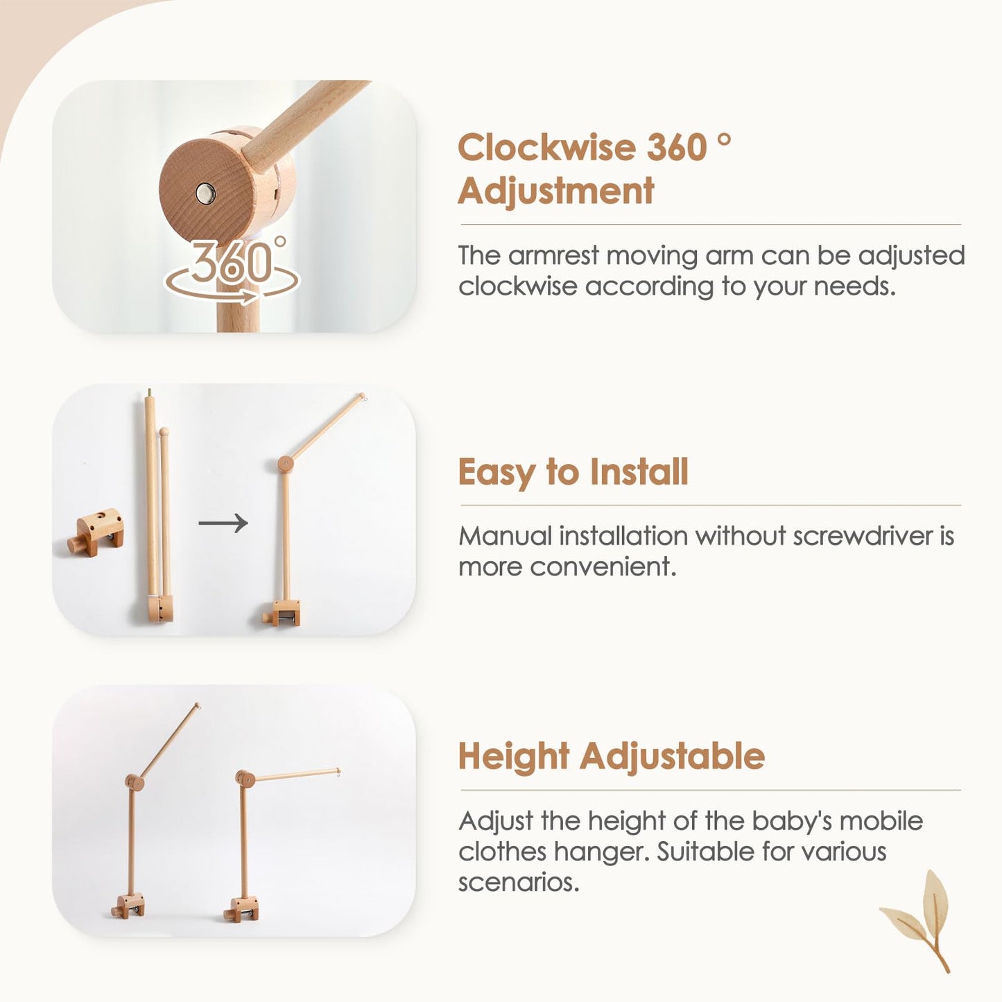 HI BABY MONMENT - Brazo móvil giratorio para bebé, madera de haya natural, soporte móvil para decoración de cuna, perfecto para bebé o niño