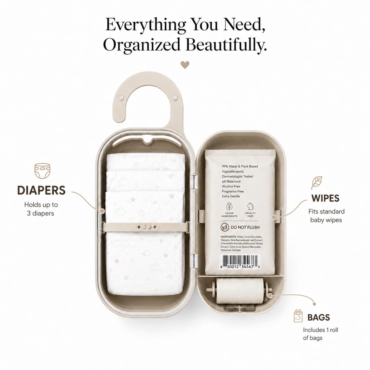 keepigo - Dispensador de toallitas para pañales | Organizador portátil 3 en 1, soporte para toallitas para bebés con bolsas desechables | Esenciales para bebés recién nacidos, niños pequeños, regalos