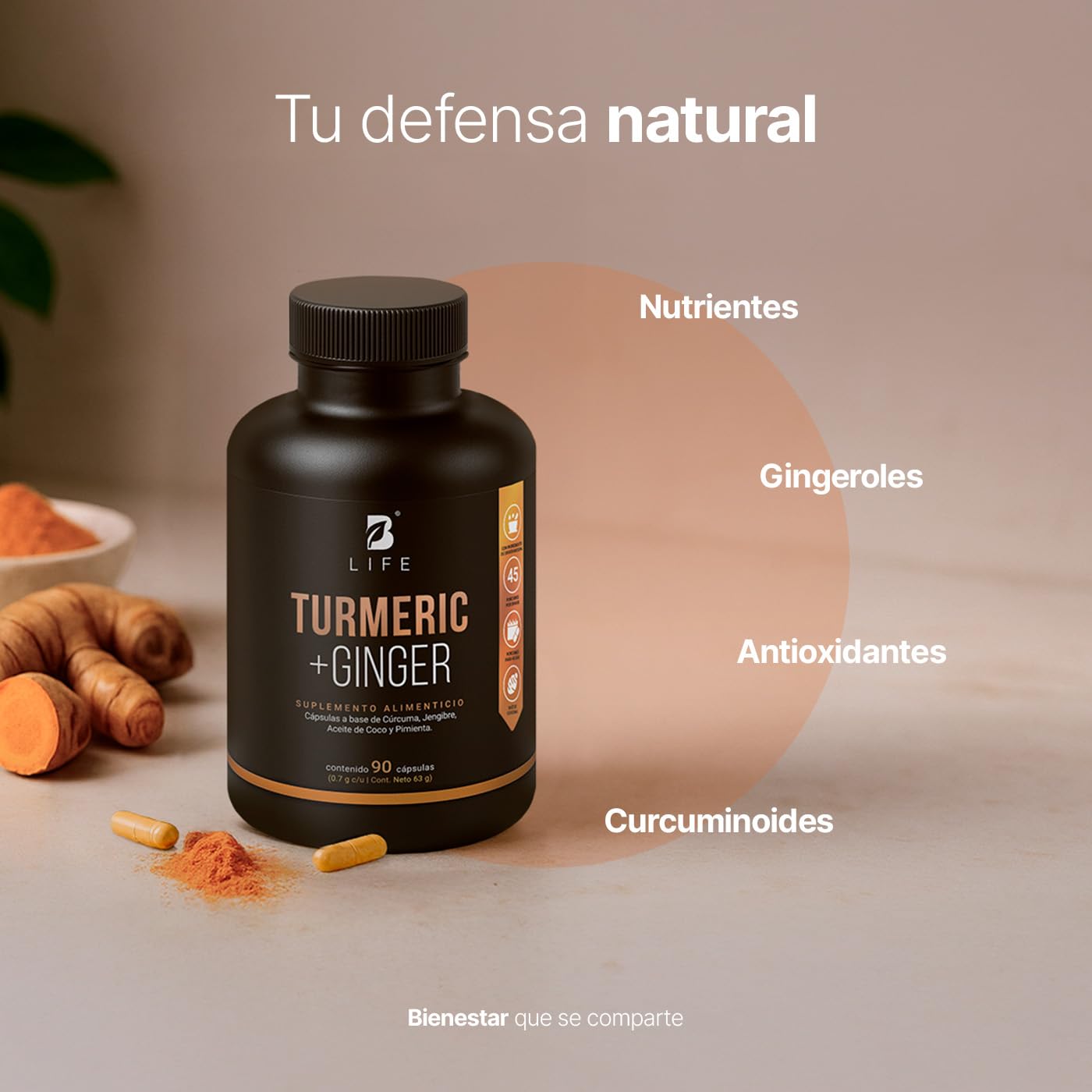Cúrcuma + Jengibre 90 Cápsulas 1400 mg por porción. Adicionado con Aceite de Coco. Ingredientes naturales. Turmeric + Ginger B Life