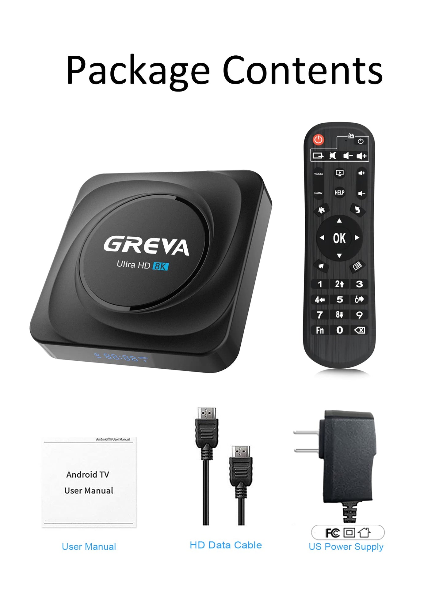GREVA 8K Android TV Box 8GB RAM 128GB ROM Reproductor inteligente con control remoto con Gigabit Ethernet WiFi5 BT4.2 para Smart TV y visualización con HDMI, negro