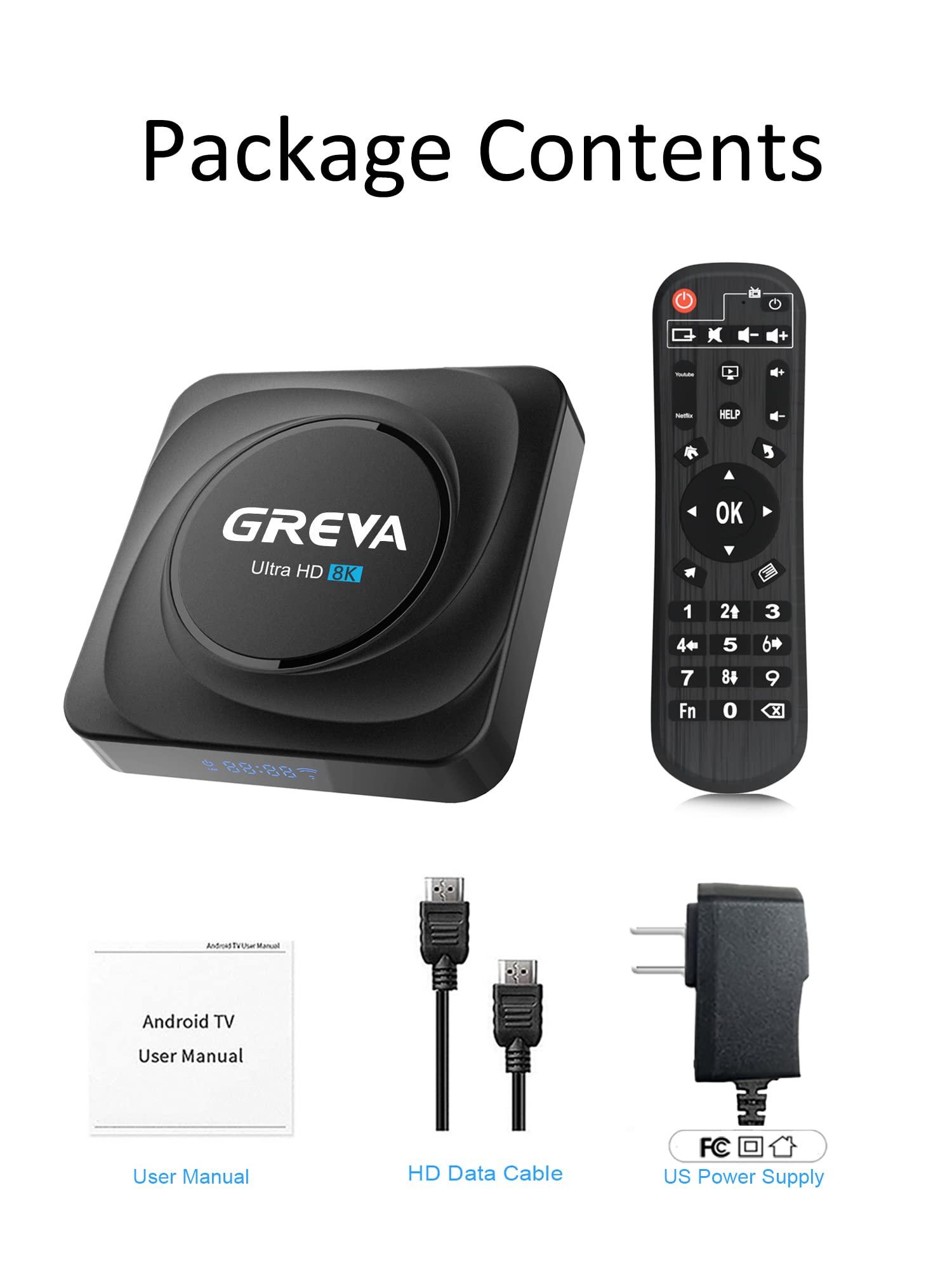 GREVA 8K Android TV Box 8GB RAM 128GB ROM Reproductor inteligente con control remoto con Gigabit Ethernet WiFi5 BT4.2 para Smart TV y visualización con HDMI, negro