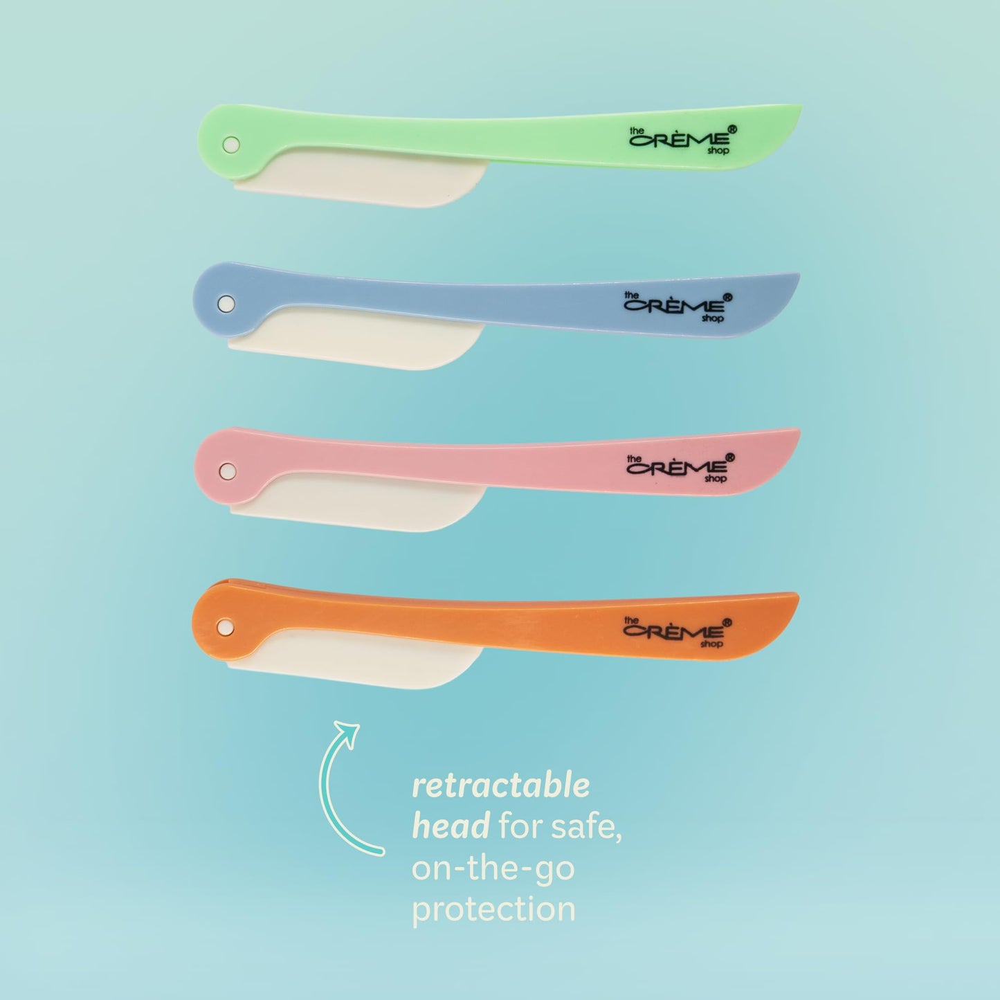 The Crème Shop Maquinillas de afeitar retráctiles multiusos para mujer – Juego de 4 maquinillas para rostro y cejas, herramienta para dermoabrasión | Artículos de aseo esenciales de tamaño viaje (colo