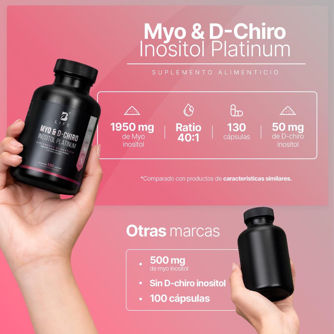 B Life Myo y D-Chiro Inositol | Ratio 40:1 | 130 Cápsulas | Ingredientes Naturales | Myo & D-Chiro Inositol Platinum.