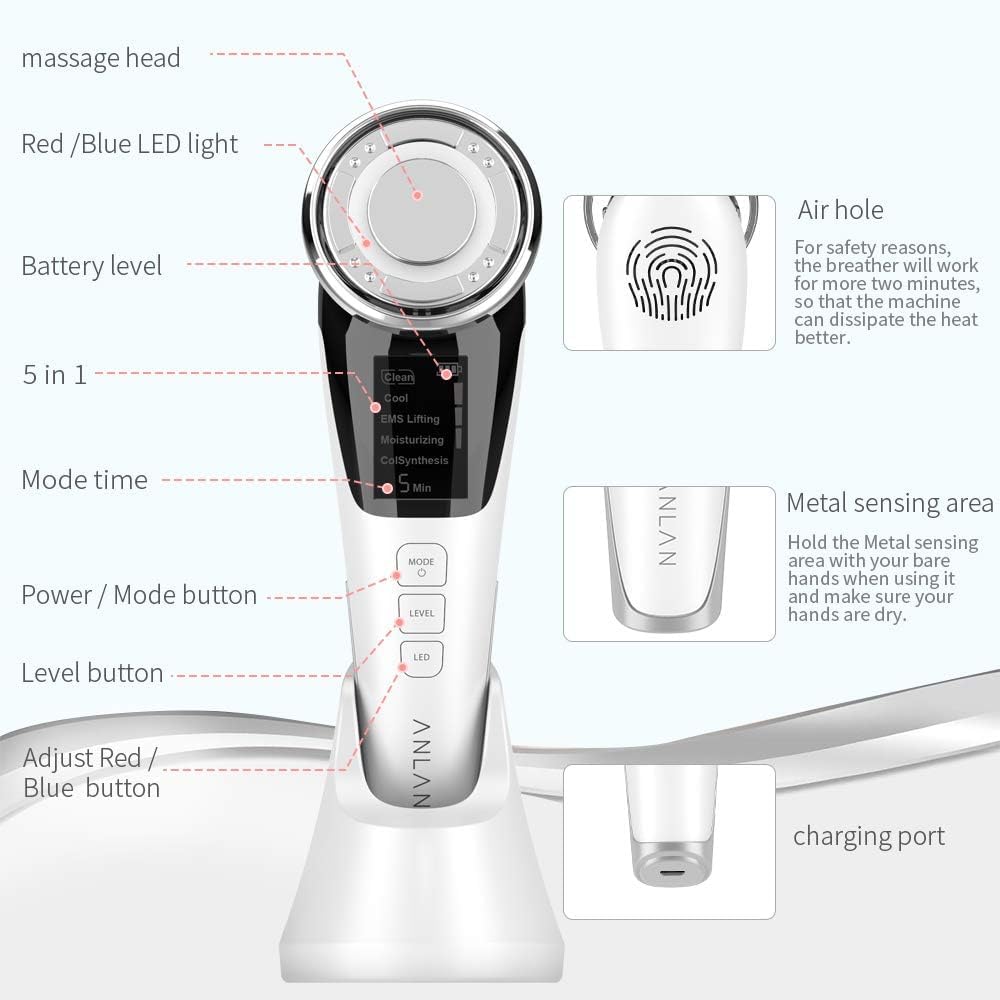 Mini Máquina HIFU, Masajeador Facial para Antiarrugas y Reafirmante, 5 EN1 Pro Maquina Estetica Antienvejecimiento, Dispositivo Ultrasónico EMS por Radiofrecuencia, Anti Envejecimiento, Cuidado Facial con Frío Calor Roja y Azul (Blanco)