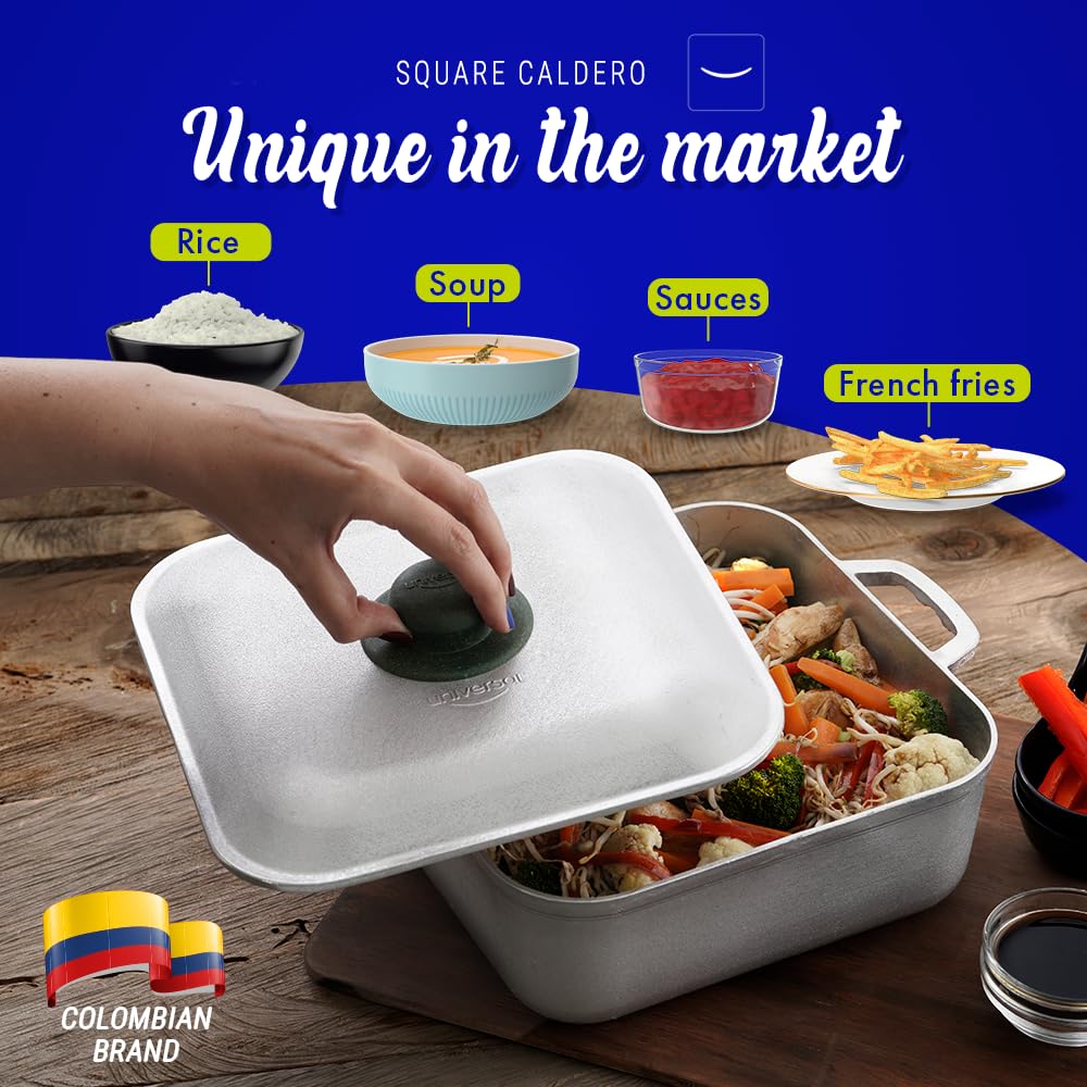 Caldero Cuadrado Universal Unique de 9 qt (24 tazas) – Olla de aluminio inoxidable apta para horno, tapa incluida, distribución uniforme del calor, ideal para guisos, arroces y comidas familiares