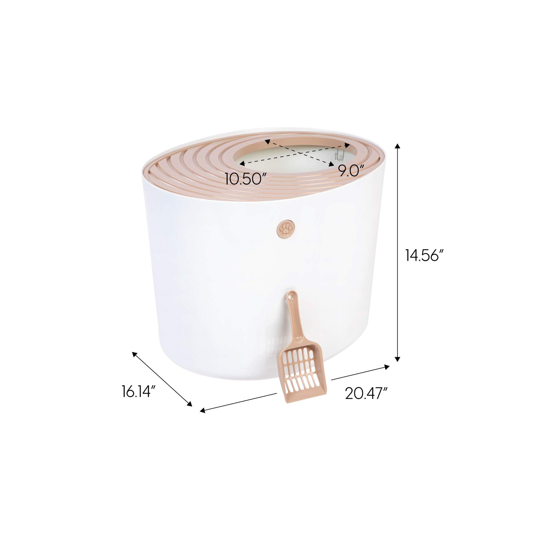 IRIS USA Gran arenero para gatos con entrada superior y pala, elegante caja redonda para gatos, arenero para gatitos, Blanco/Beige