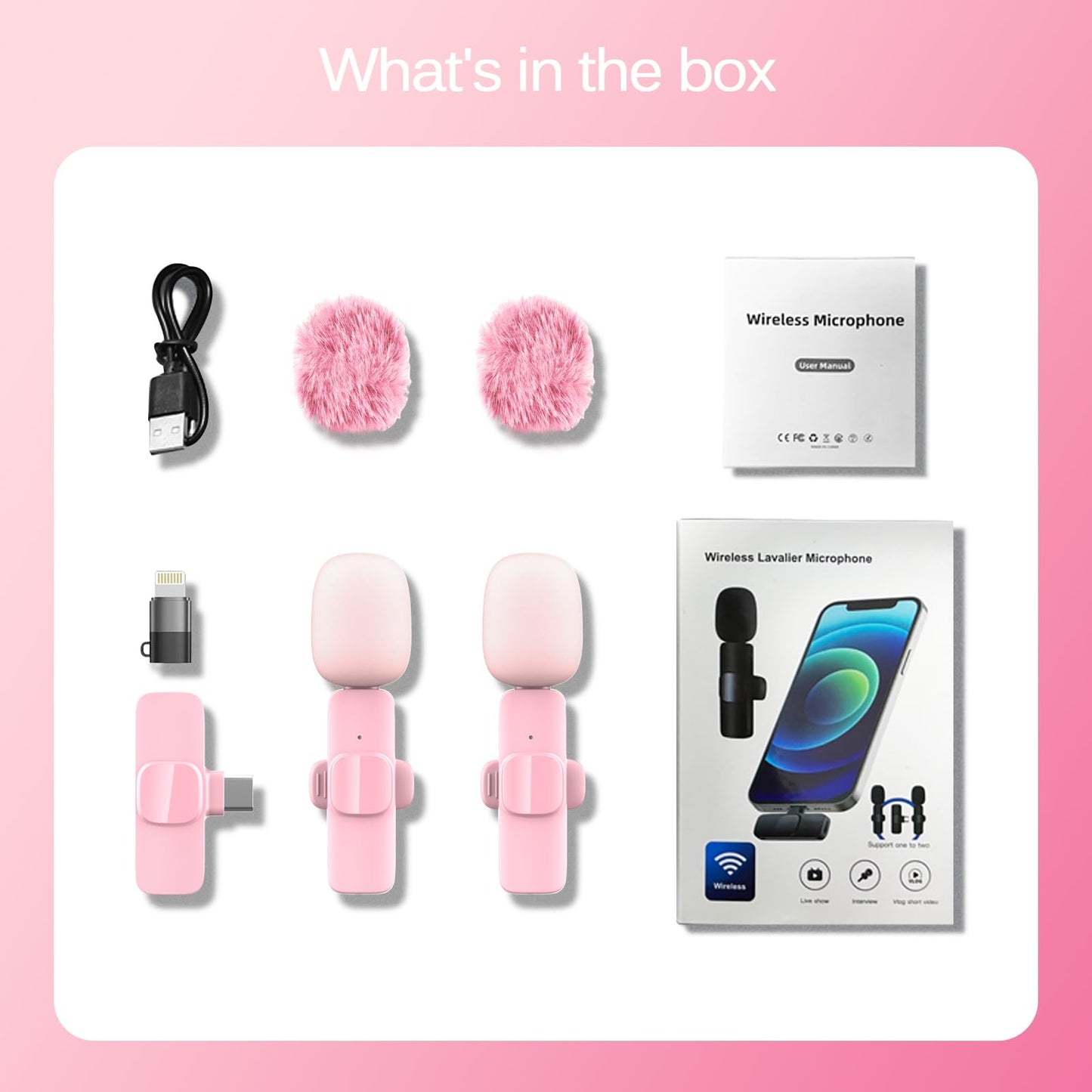 HONGJIEYUAN Micrófono Lavalier inalámbrico rosa para iPhone y Android – Mini micrófono con clip con cancelación de ruido, rango de 65 pies, batería 8H, USB-C/Lightning – para TikTok, YouTube, Podcast