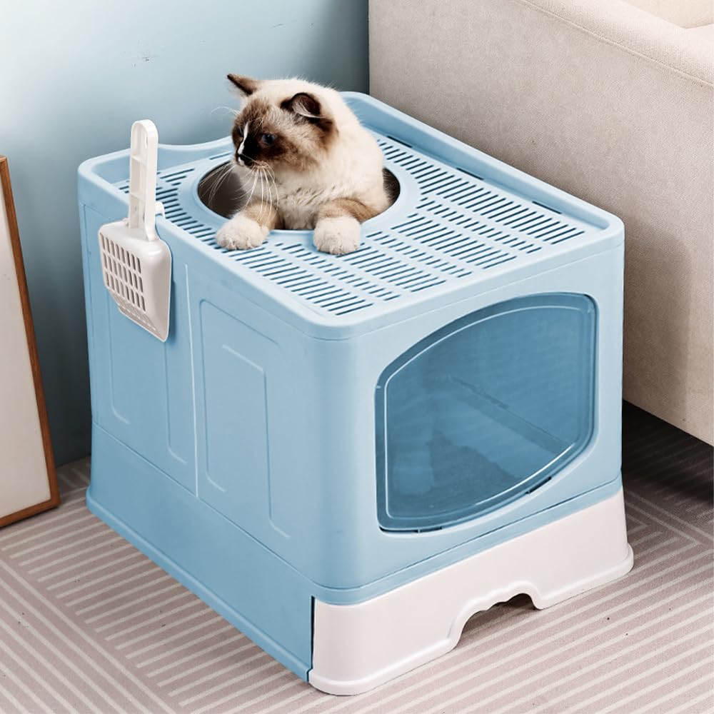 Jiula Caja de Arena para Gatos Plegable Cerrada, Caja de Arena con Cajón y Cuchara, Fácil de Limpiar, Adecuada para Viajar con Mascotas, Puerta Lateral Móvil Dos Direcciones, Azul, 41 * 51 * 44 CM