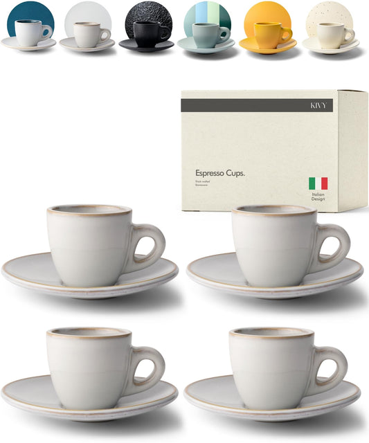 KIVY - Juego de 4 tazas de café expreso de gres de 3 onzas, tazas y platillos de demitasse de estilo italiano, color gris de pared gruesa